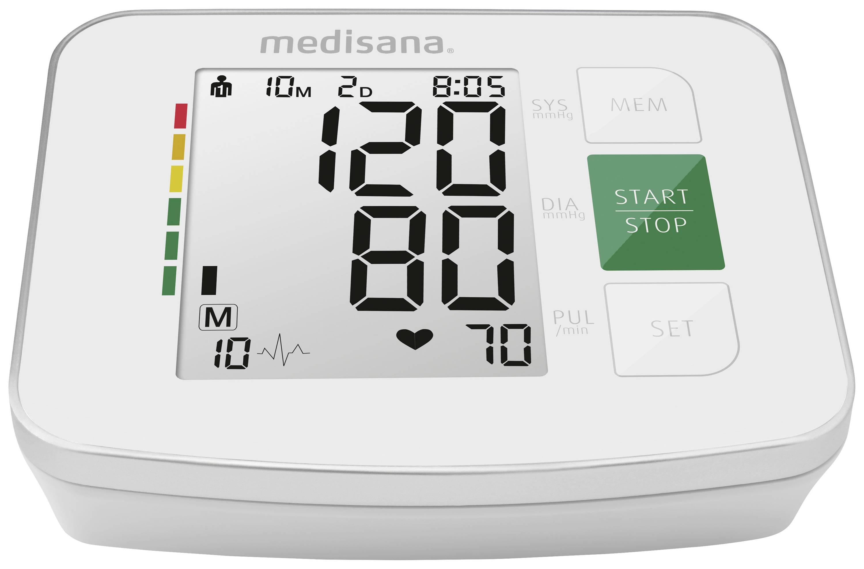 Digitální tlakoměr ukazuje krevní tlak 120 na 80 mmHg, symbol srdce, zelené tlačítko s nápisem 'START STOP', vedle něj 'SET'.