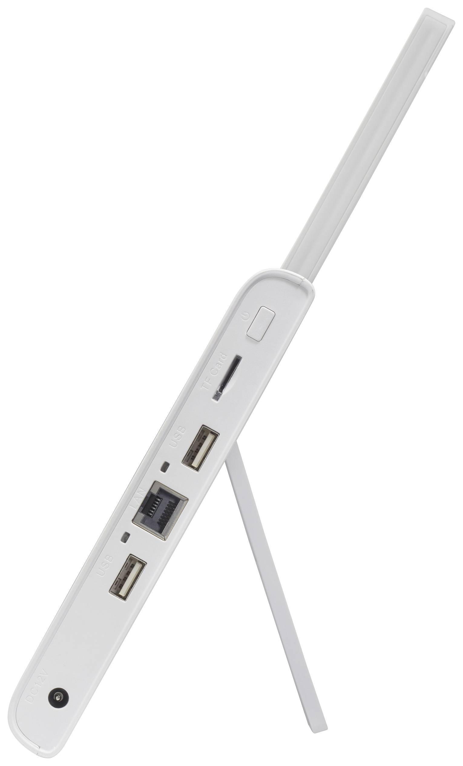 Bílý Wi-Fi router s jednou anténou, několika porty, včetně dvou USB portů a ethernetového portu, pohled z profilu.