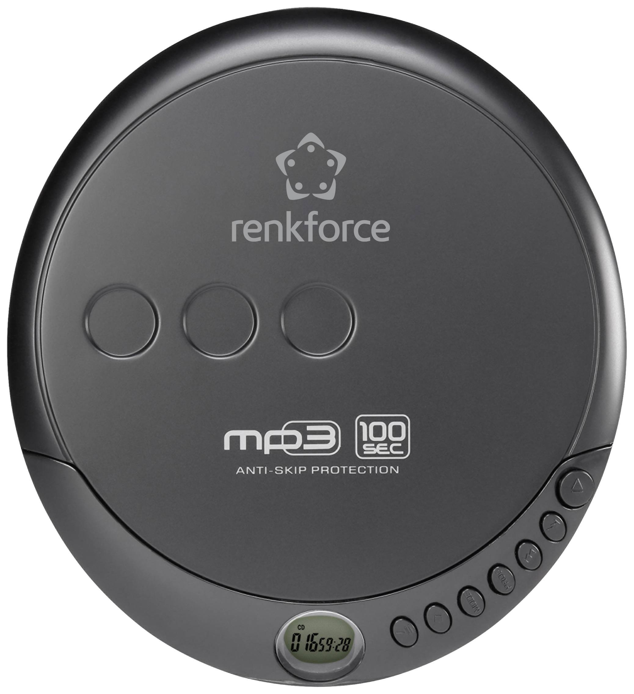 Přenosný CD přehrávač značky Renkforce. Přehrávač podporuje přehrávání MP3 a má protiotřesovou ochranu 100 sekund.