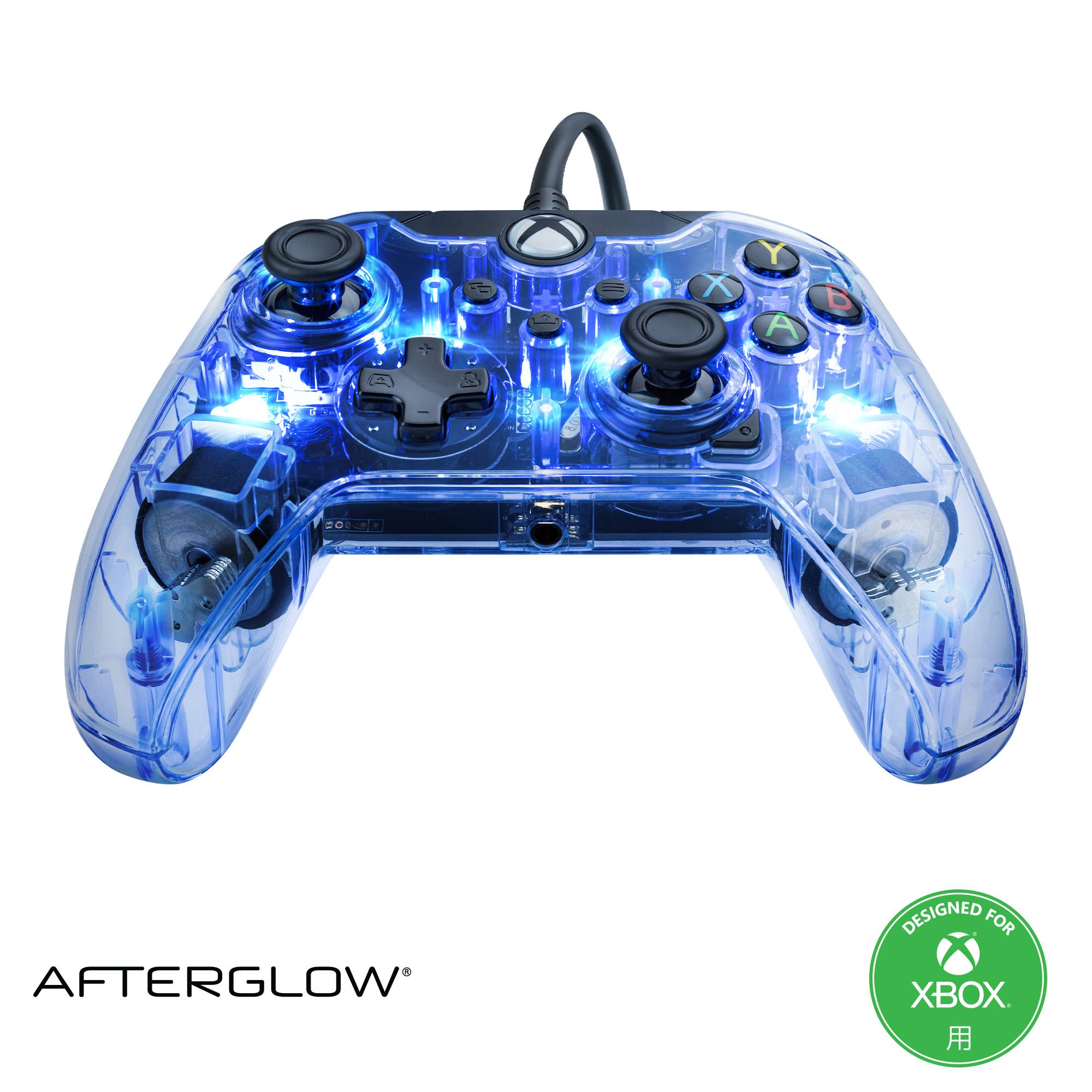 Průhledný Xbox ovladač s modrou LED podsvícením a tlačítky A, B, X, Y. Název značky 'Afterglow' vlevo dole.