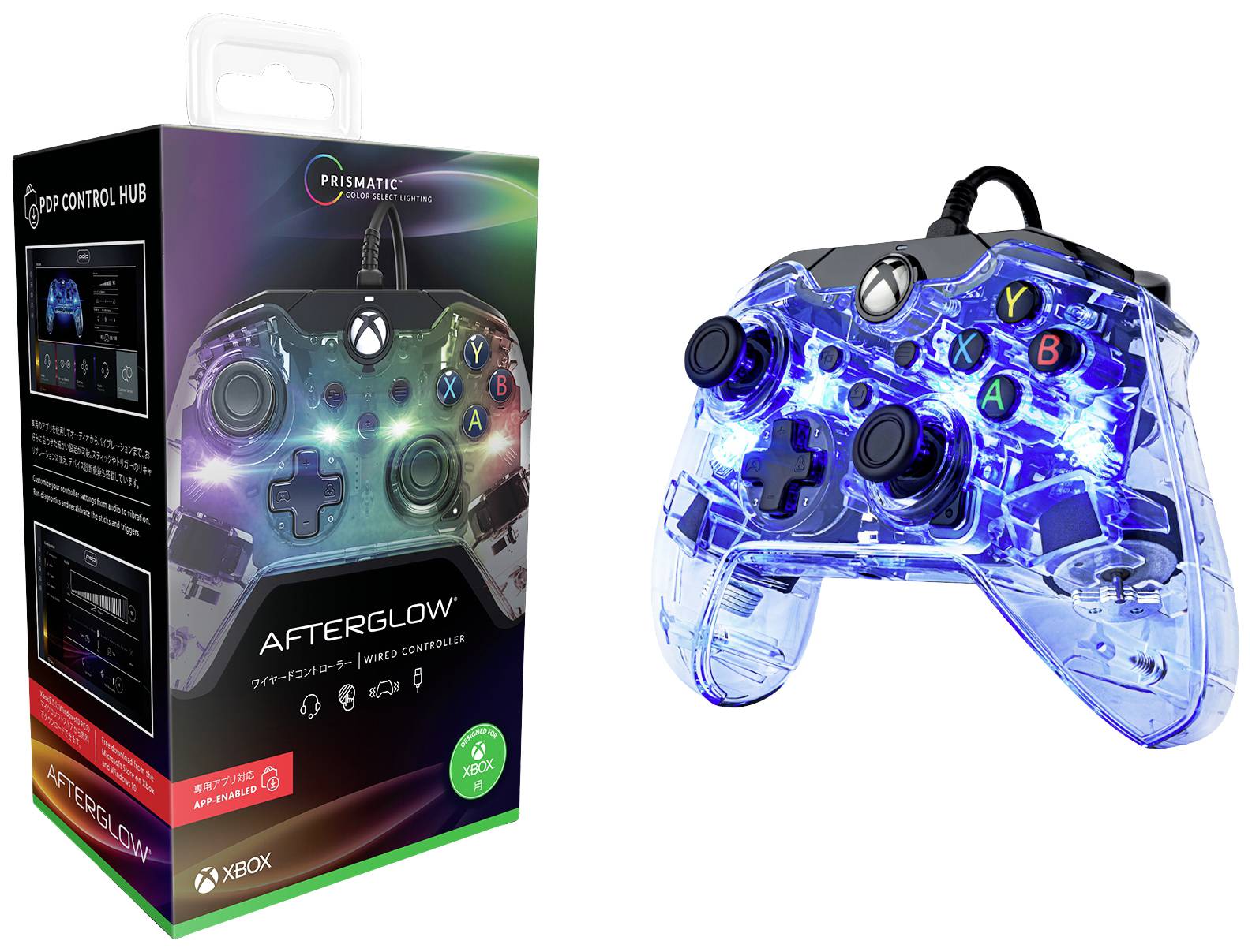 Průhledná, podsvícená herní konzole vedle obalu s nápisem 'Afterglow'. Obsahuje tlačítka pro ovládání Xbox.