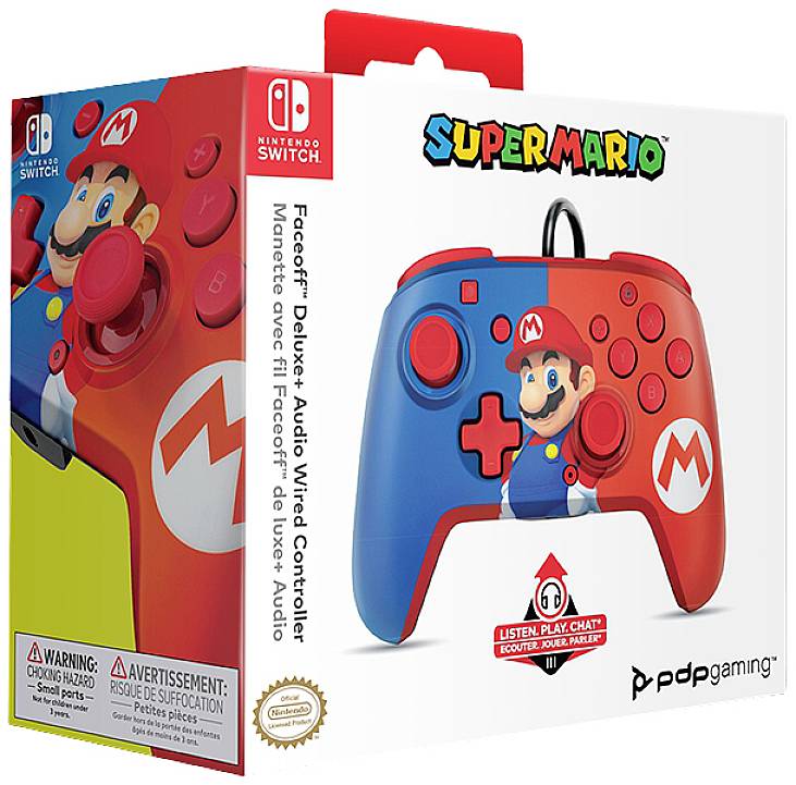 Obrázek ukazuje balení ovladače Nintendo Switch s designem Super Maria, jehož součástí je zobrazení Maria na červeném a modrém pozadí.