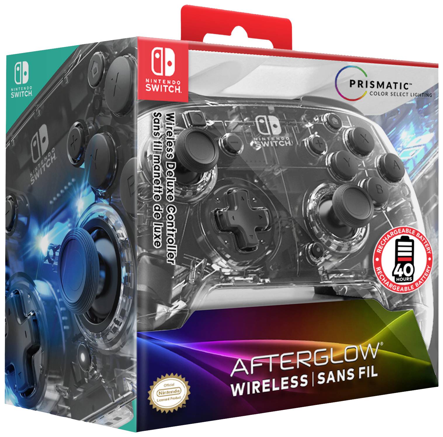 Návrh balení pro průhledný bezdrátový ovladač s podsvícenými LED, kompatibilní s Nintendo Switch, zobrazující funkce a loga.
