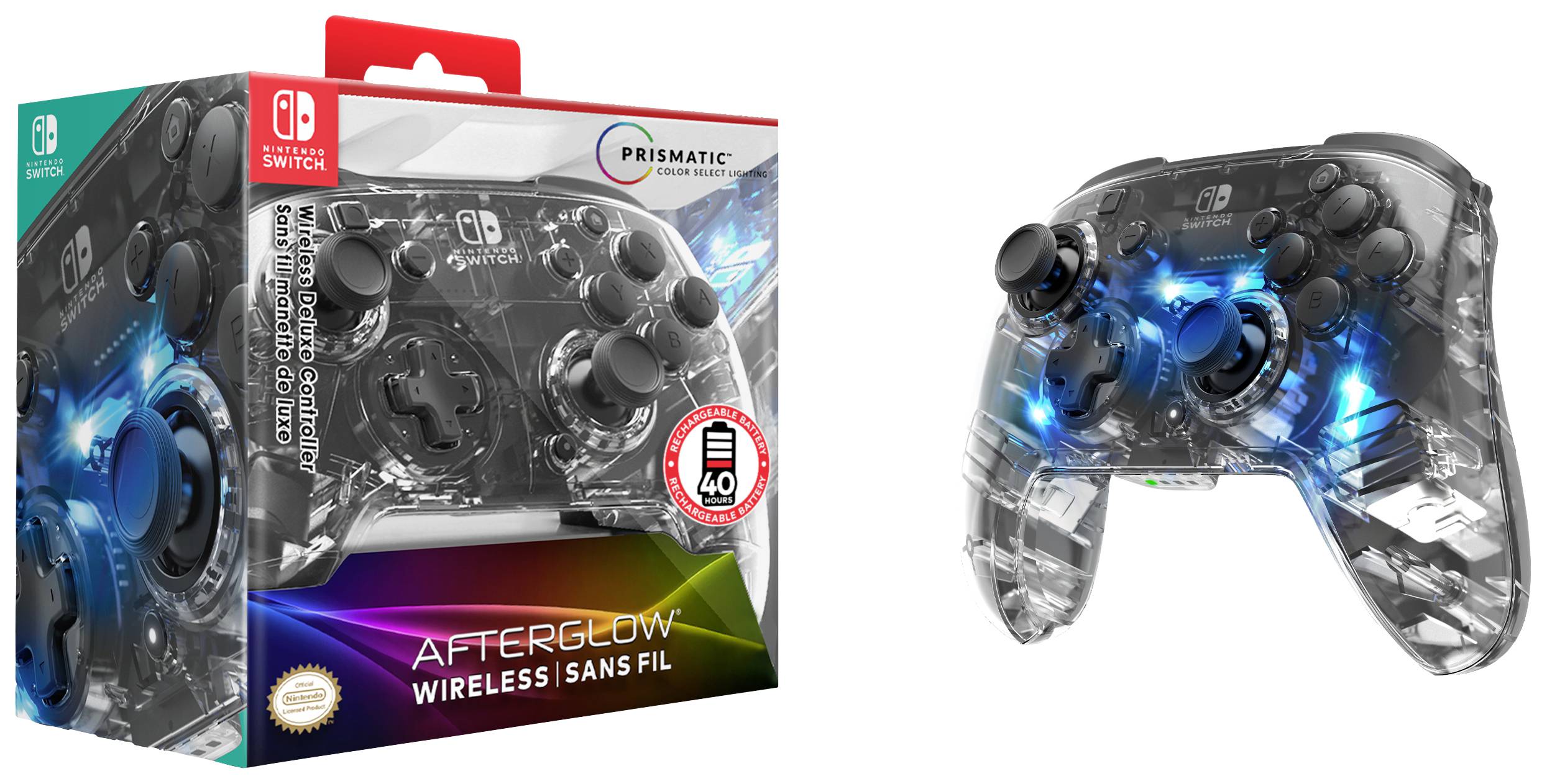 Bezdrátový ovladač Afterglow pro Nintendo Switch. Vedle něj je balení s barevným designem a technickými detaily.