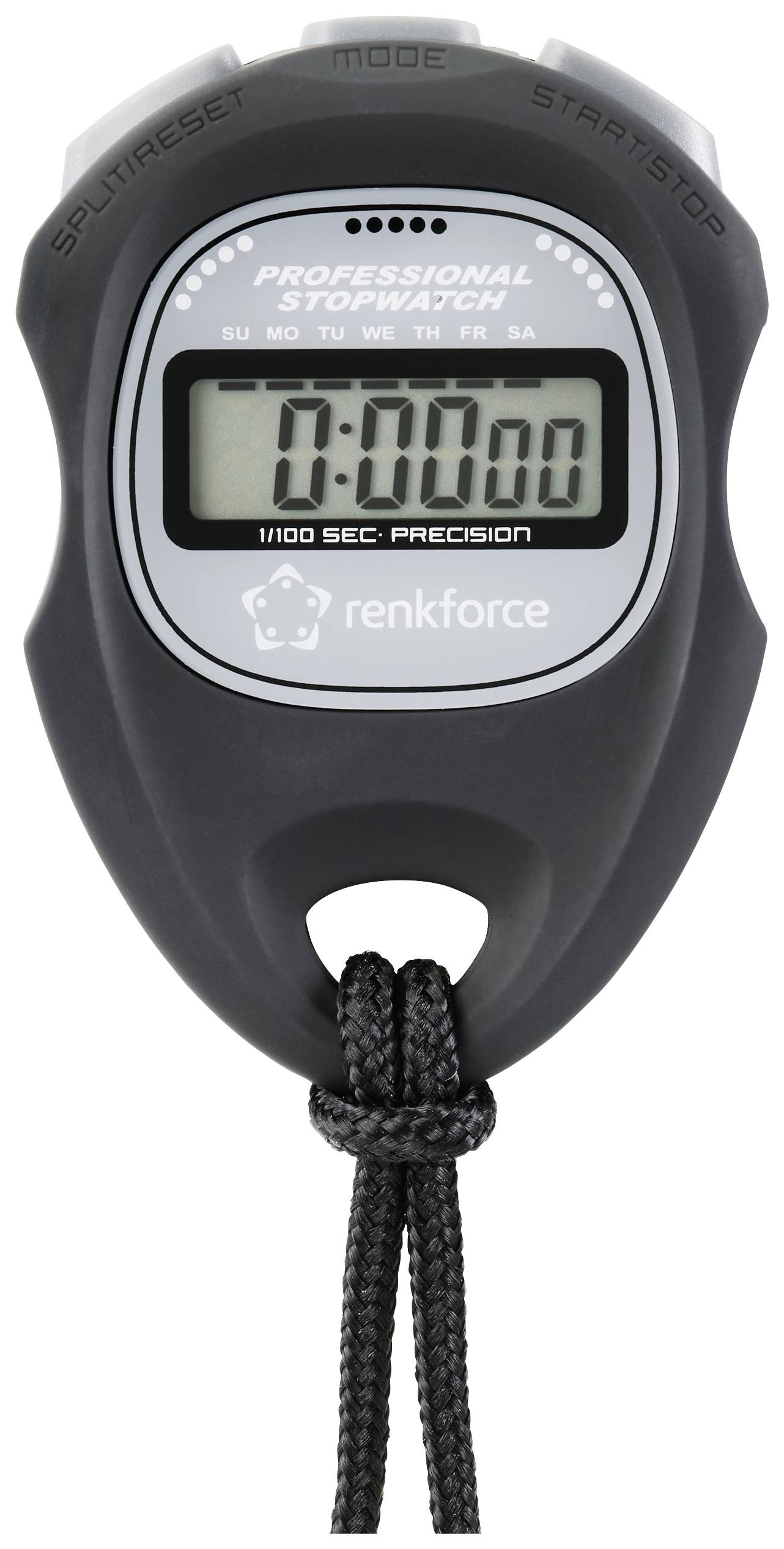 Černé stopky s digitálním displejem zobrazujícím '0:00:00', včetně tlačítek pro výběr módu a start/stop, s černým páskem.