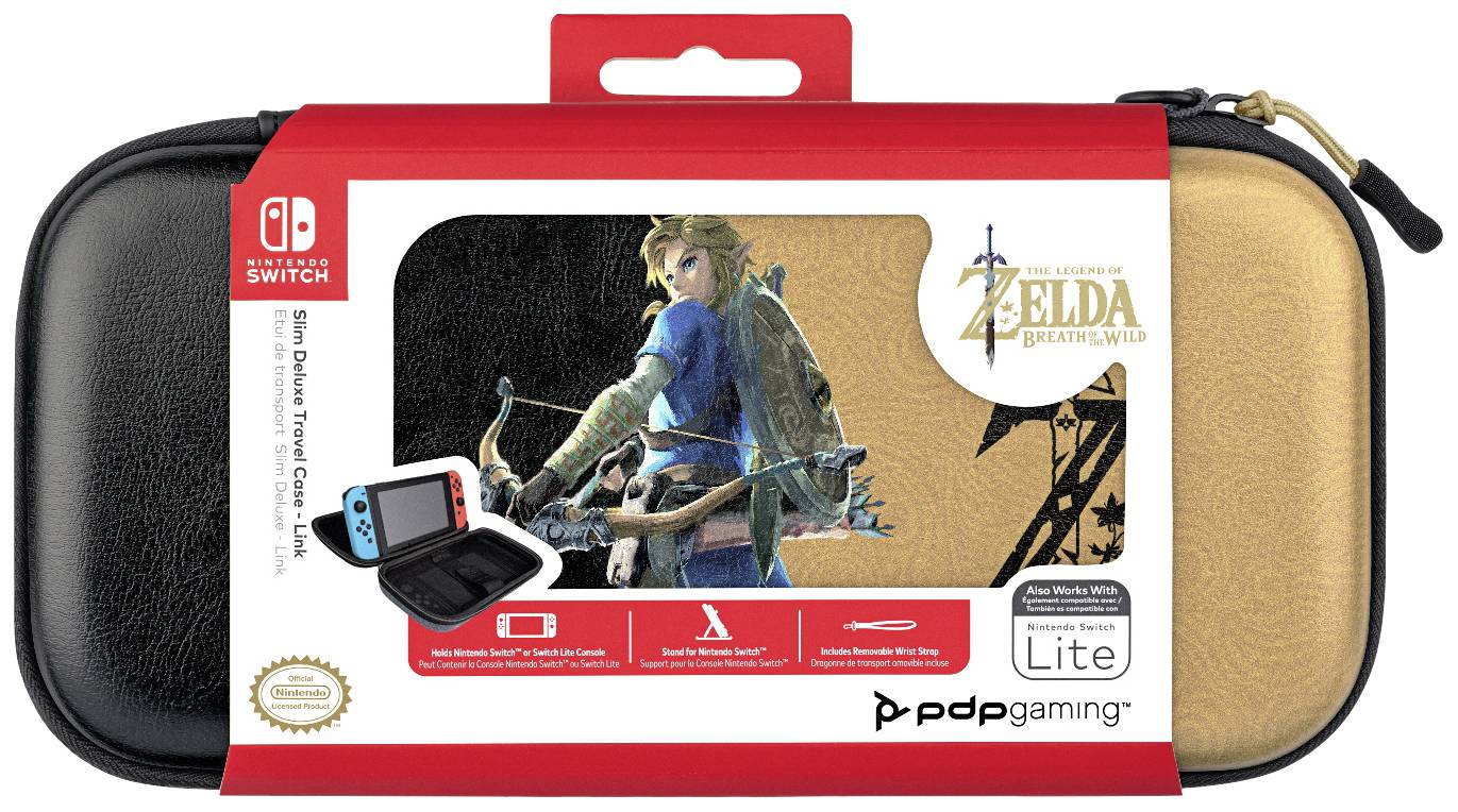 Černá a zlatá taška s designem 'The Legend of Zelda: Breath of the Wild' pro Nintendo Switch, zobrazená s Linkem.