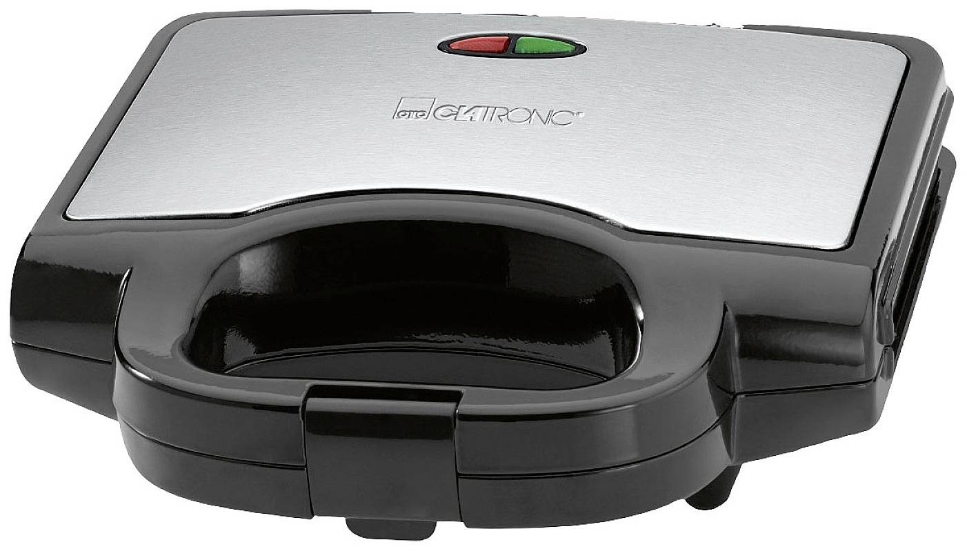 Černostříbrný sendvičovač s kontrolkami a rukojetí pro otevření přístroje. Ideální pro přípravu toustovaných sendvičů.