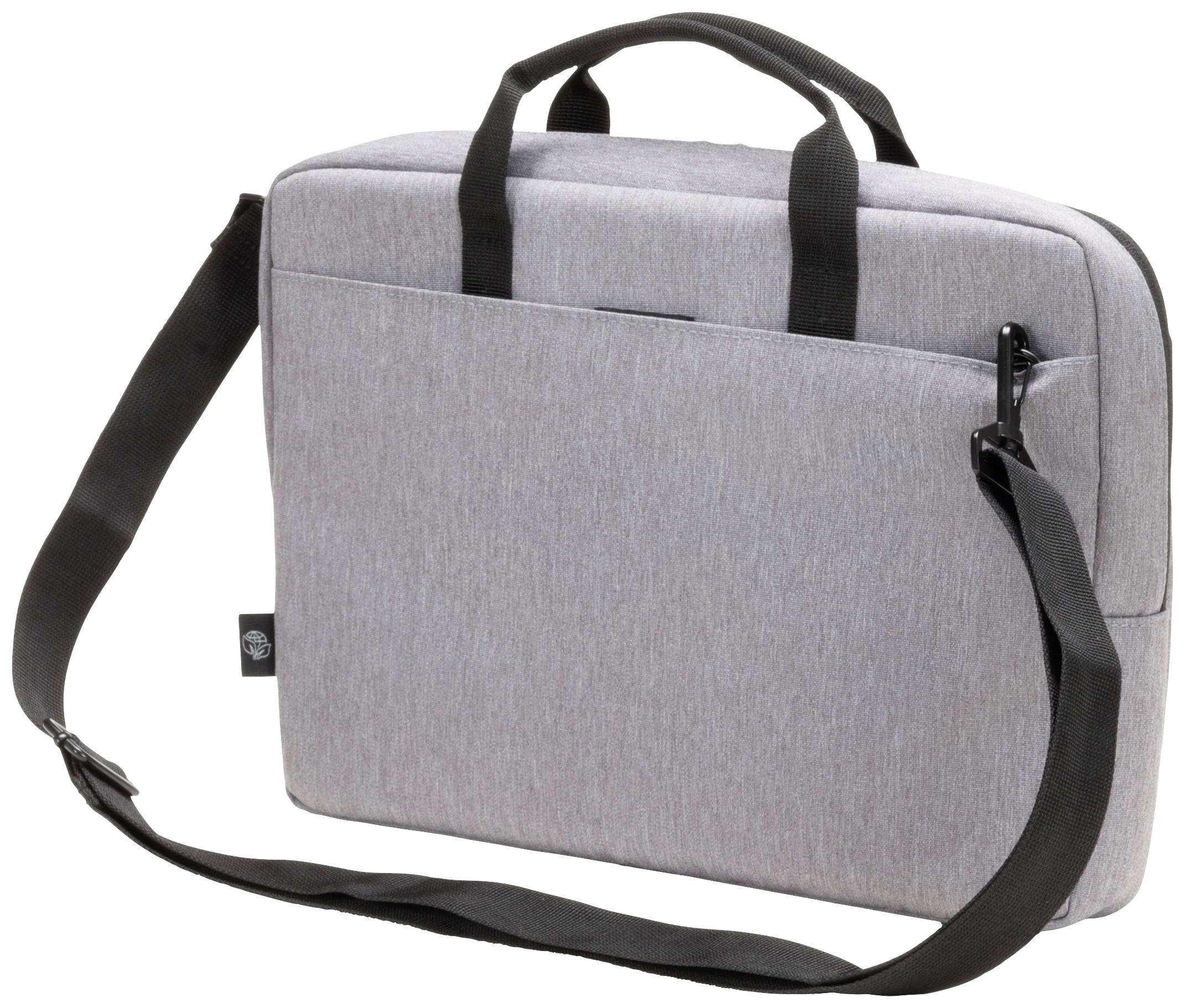 Šedá taška na notebook s rukojeťmi a ramenním popruhem, boční kapsa; design určený pro přepravu a ochranu přenosného počítače.