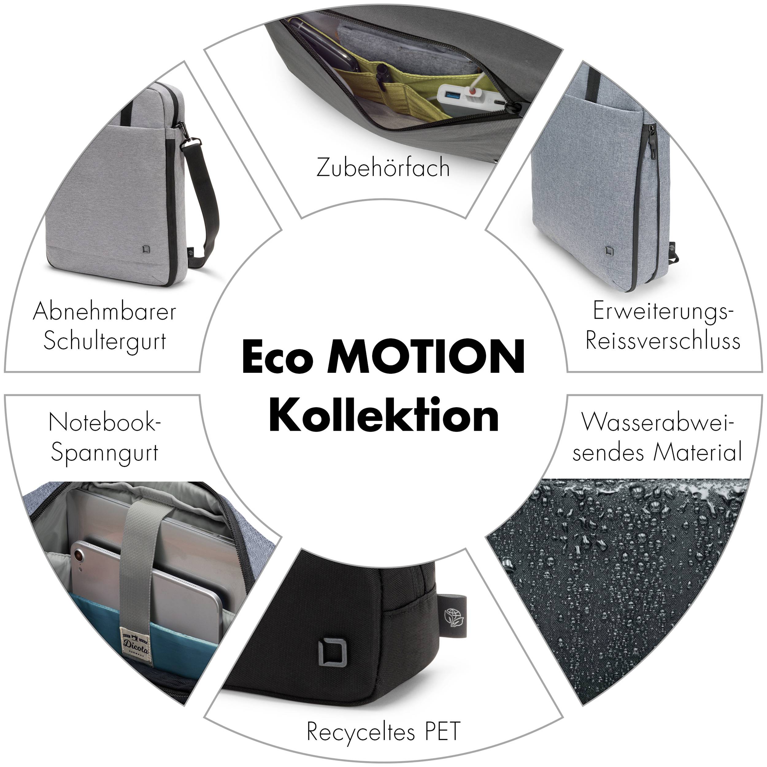 'Grafik představuje kolekci Eco MOTION: příslušenství, rozšiřitelný zip, vodoodpudivý materiál, recyklované PET, popruh na notebook, odnímatelný ramenní popruh.'