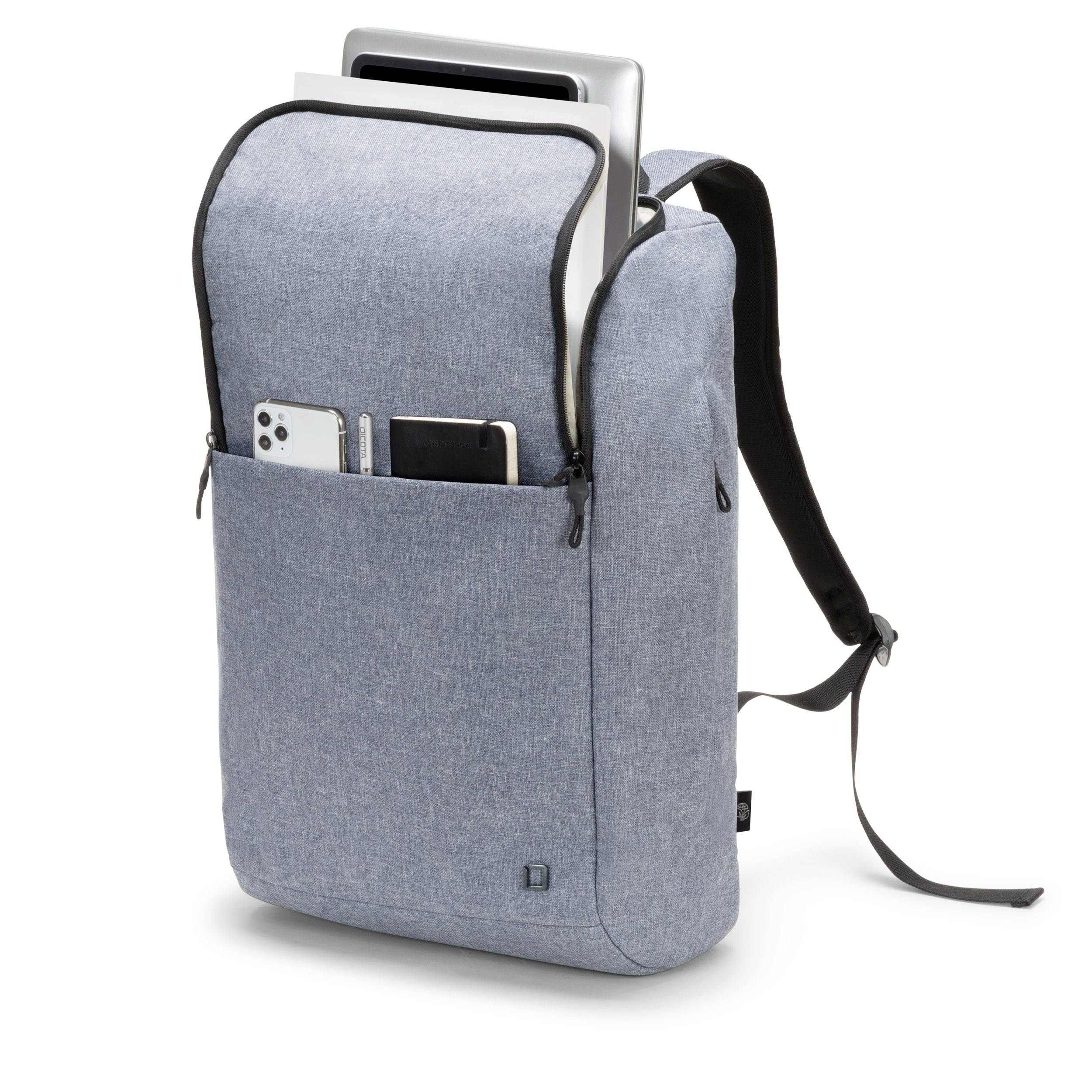 Šedý batoh s otevřeným oddílem, ve kterém jsou viditelné laptop, smartphone a poznámkový blok. Batoh má nastavitelný popruh přes rameno.
