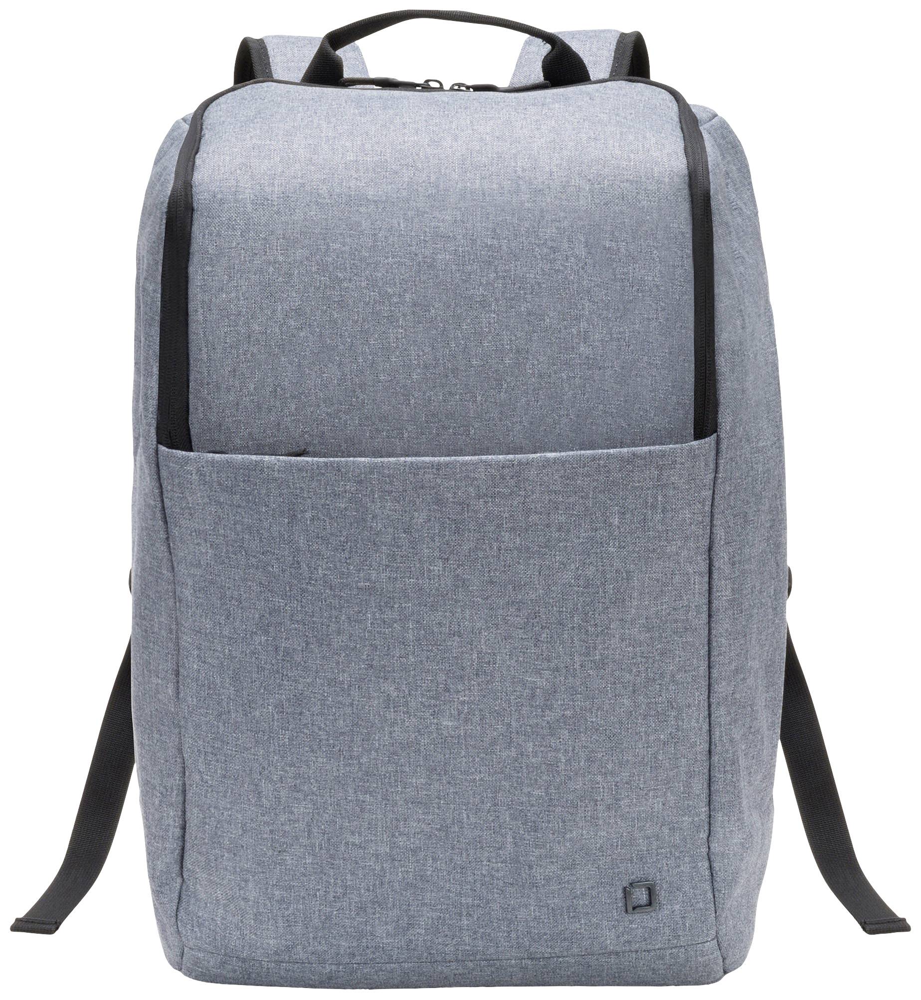 Modrý batoh s minimalistickým designem. Má velkou přední kapsu bez nápadných detailů a černé popruhy.