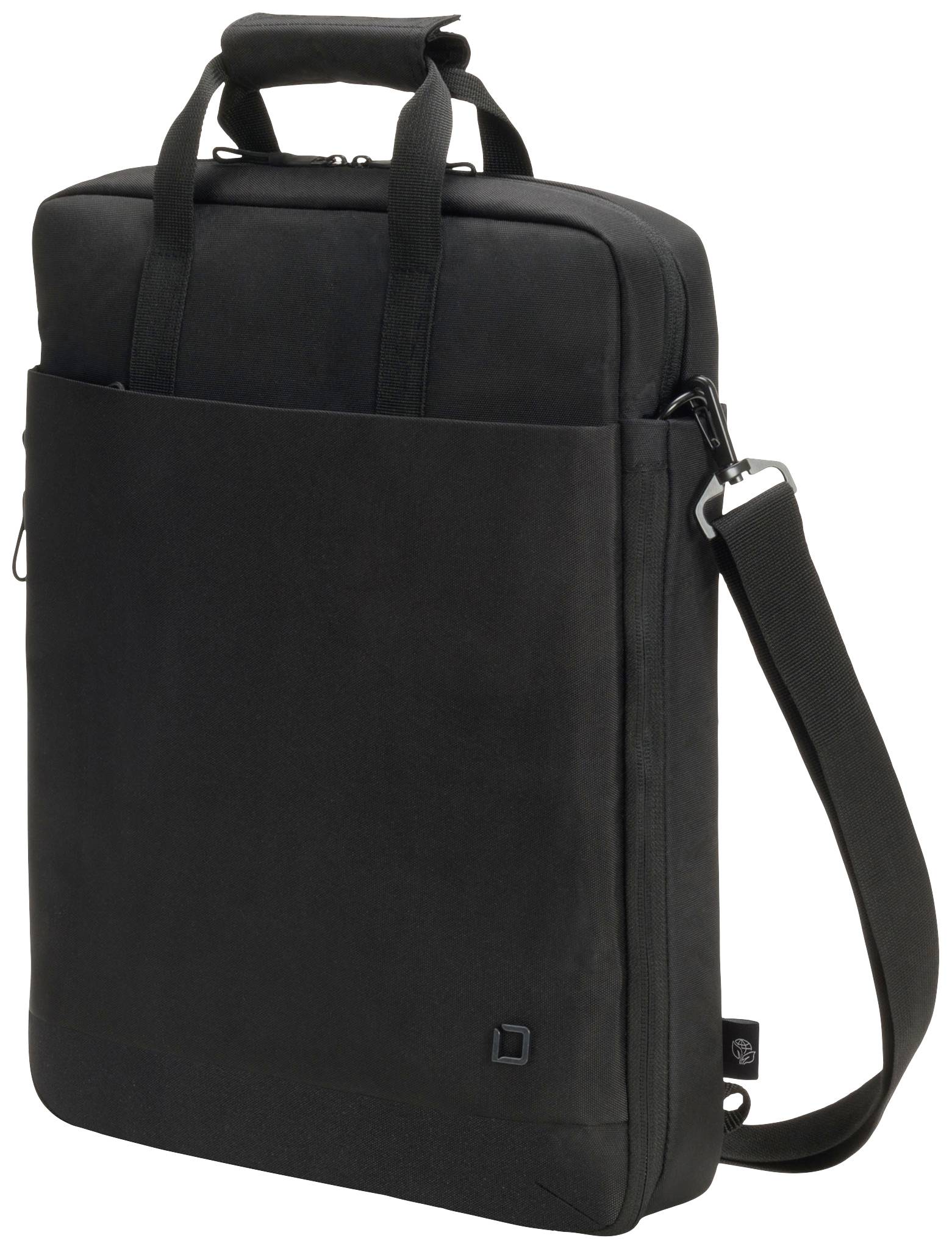 Černošedá brašna na notebook s rukojetí a nastavitelným ramenním popruhem. Má velkou hlavní přihrádku a vnější kapsu.