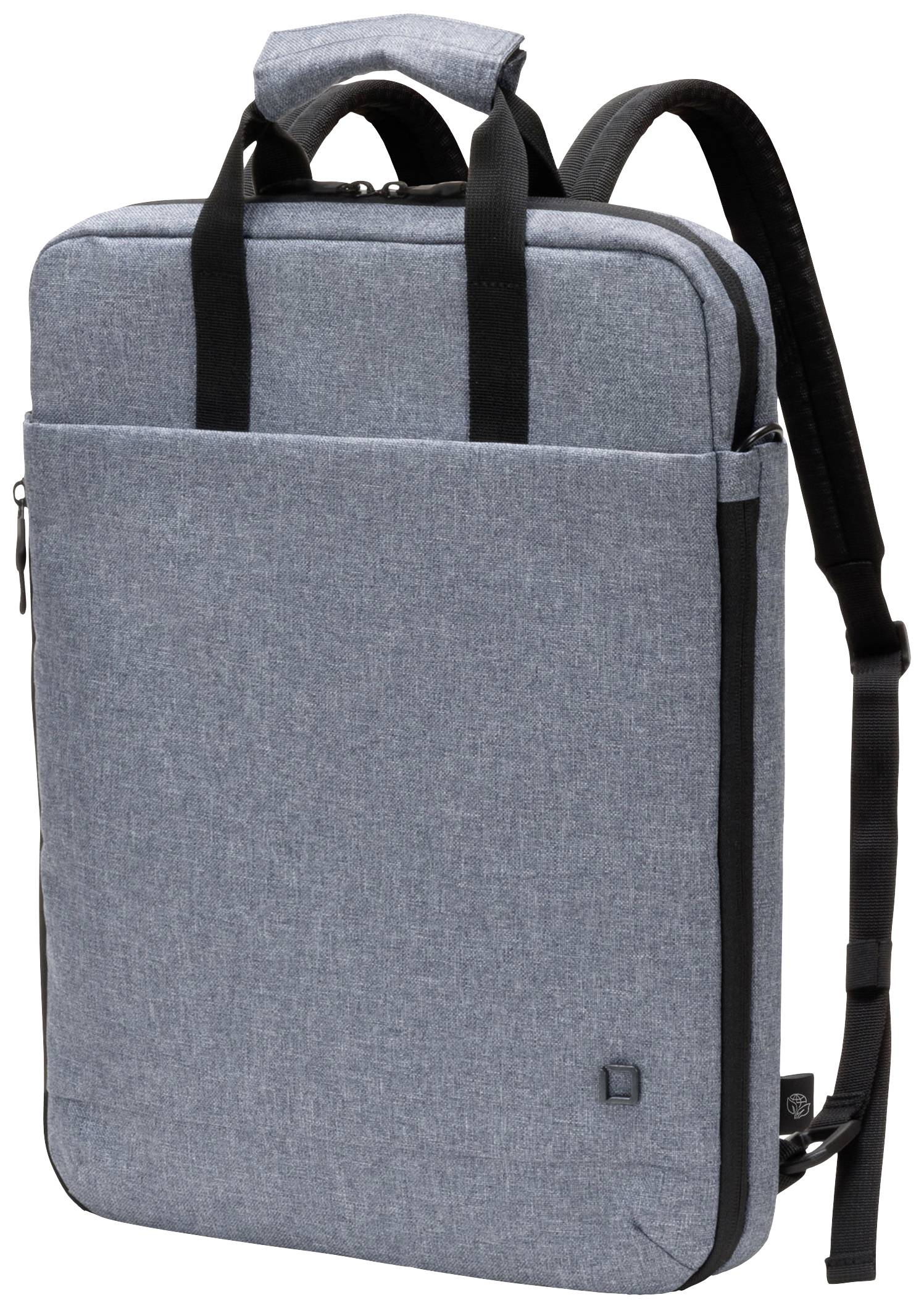Šedý, pravoúhlý batoh s černými popruhy a vnější kapsou, vhodný pro laptopy nebo kancelářské potřeby.