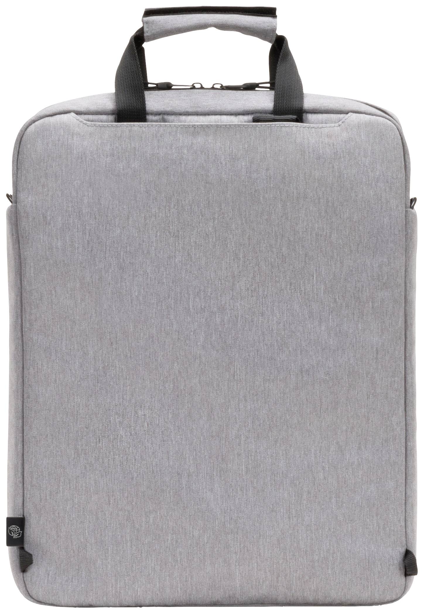 Světle šedý batoh s černou rukojetí, minimalistický design, vhodný pro laptopy, na bílém pozadí.