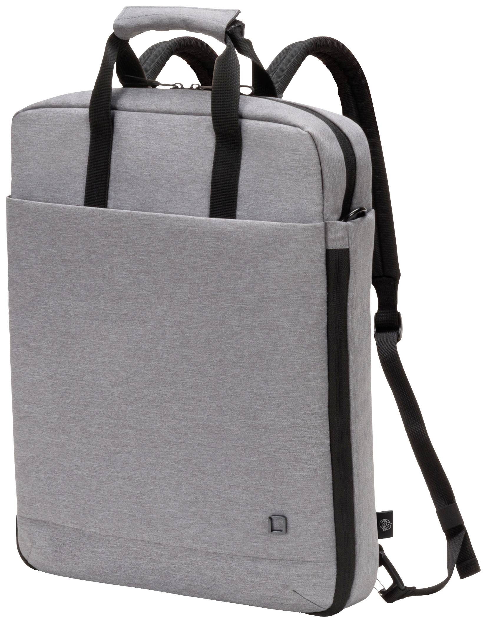 Šedý, pravoúhlý batoh s černými rukojeťmi a ramenními popruhy; minimalistický design pro přepravu notebooku.