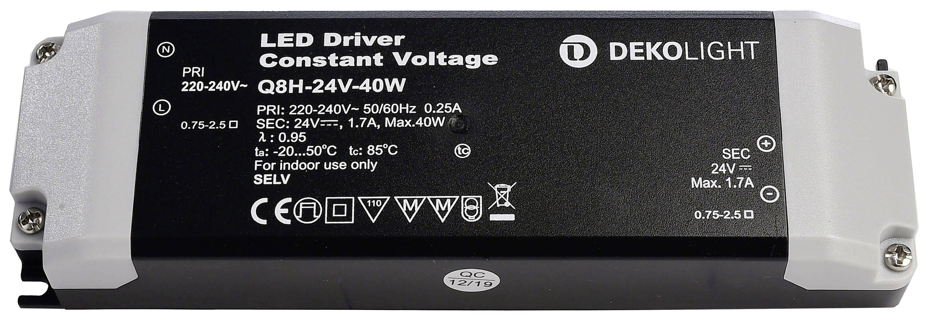 LED driver od společnosti Deko-Light s modelovým číslem QBH-24V-40W. Primární napětí 220-240V, sekundární napětí 24V při 1,7A, max. 40W.