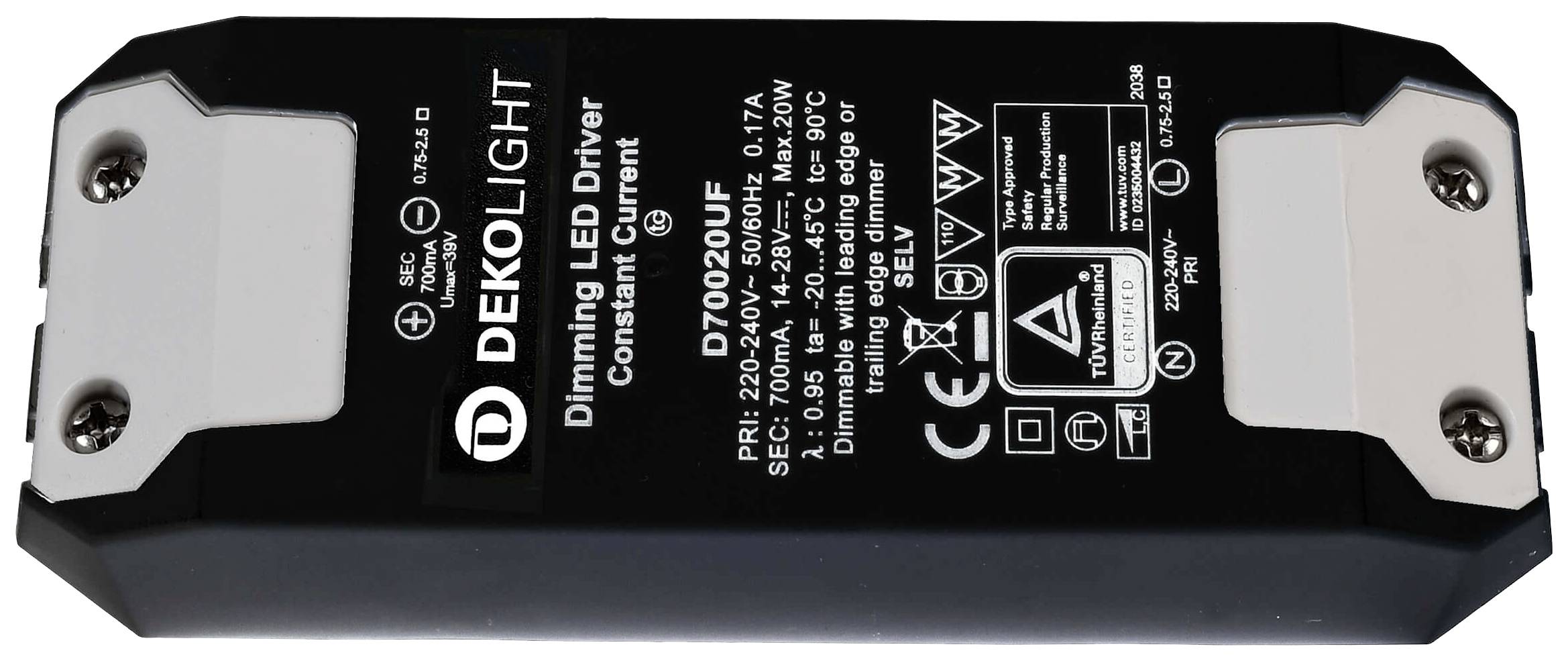 LED driver černé barvy od společnosti Deko-Light s technickými specifikacemi pro napětí, proud a číslo modelu, vhodný pro stmívací obvody.