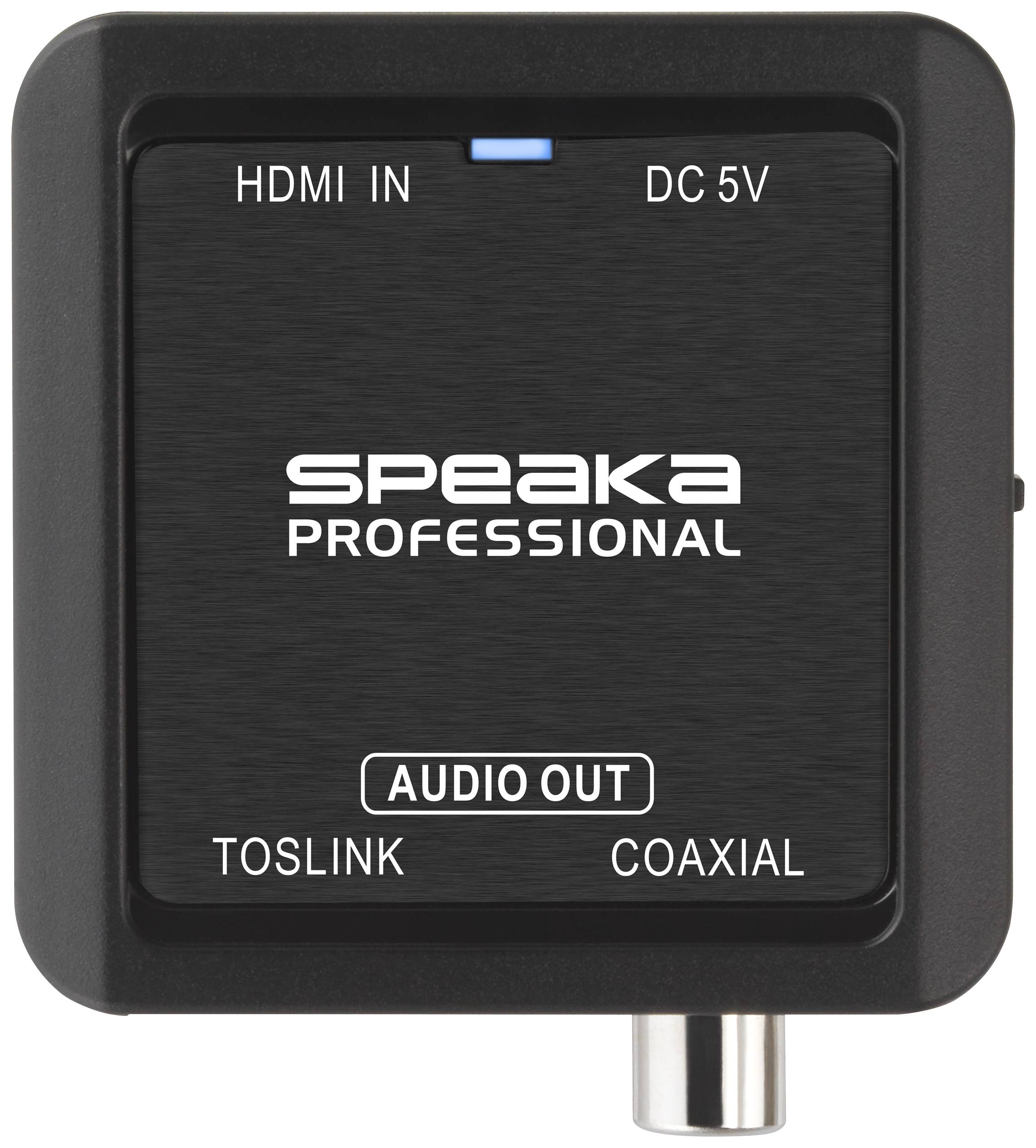 Černý audio konvertor s HDMI vstupem, DC 5V připojením, optickým (Toslink) a koaxiálním výstupem s označením 'Speaka Professional'.