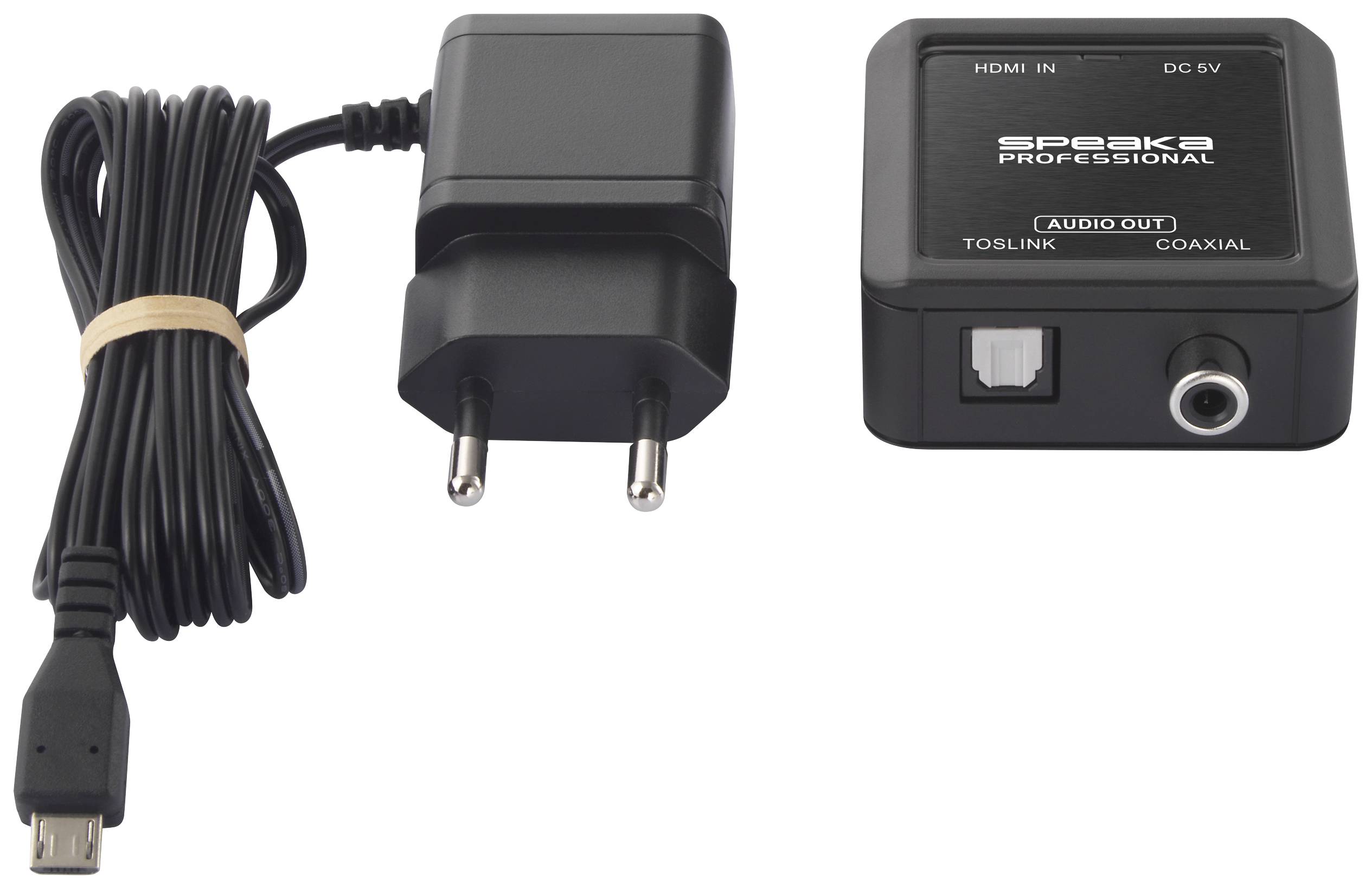 Napájecí adaptér s USB kabelem a audio konvertor s HDMI vstupem a TOSLINK a koaxiálním výstupem na bílém pozadí.