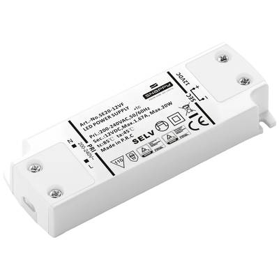 Bílý obdélníkový LED napájecí zdroj s technickým popisem a symboly pro napájení LED osvětlení, model SynQor SE20-12V.