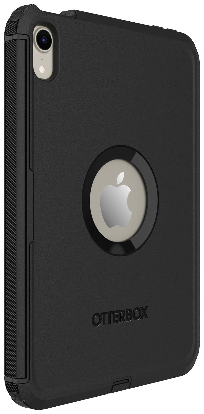 Černý tabletu kryt Otterbox s kruhovým výřezem zobrazujícím logo Apple. Vhodný pro ochranu tabletů.