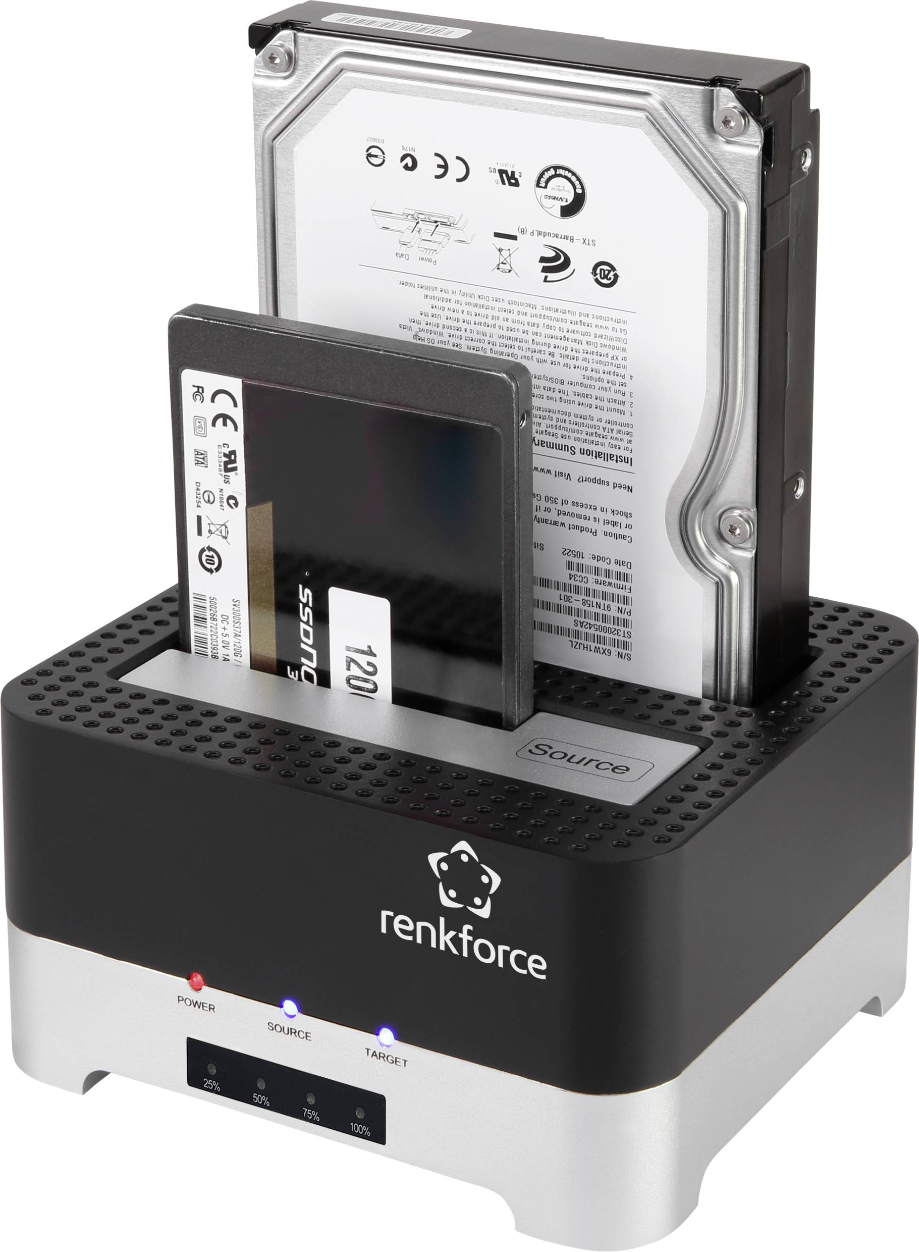Externí dokovací stanice pro dva pevné disky s jednou pozicí pro 3,5palcový a jednou pozicí pro 2,5palcový disk, určená pro kopírování a ukládání dat.