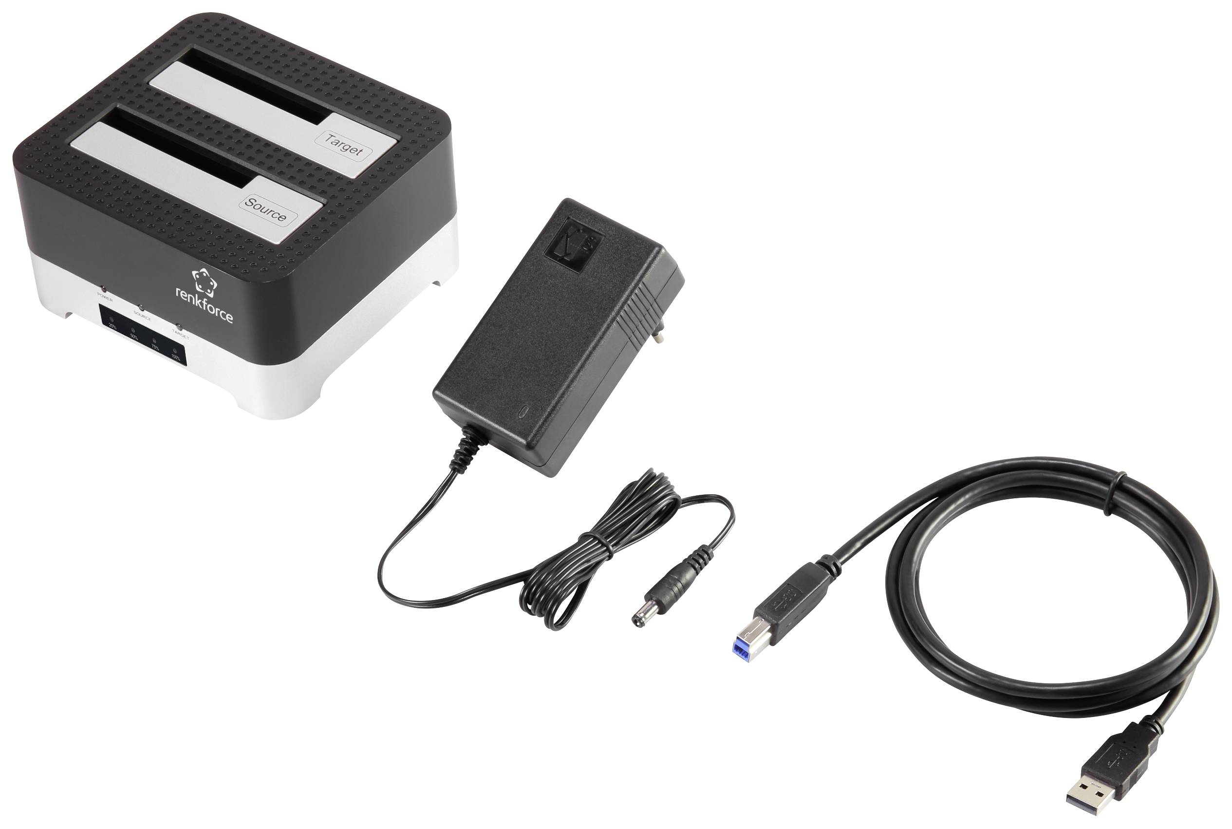 Dokovací stanice pro dva disky, včetně napájecího adaptéru a USB kabelu. Ideální pro snadné připojení pevných disků k počítači.