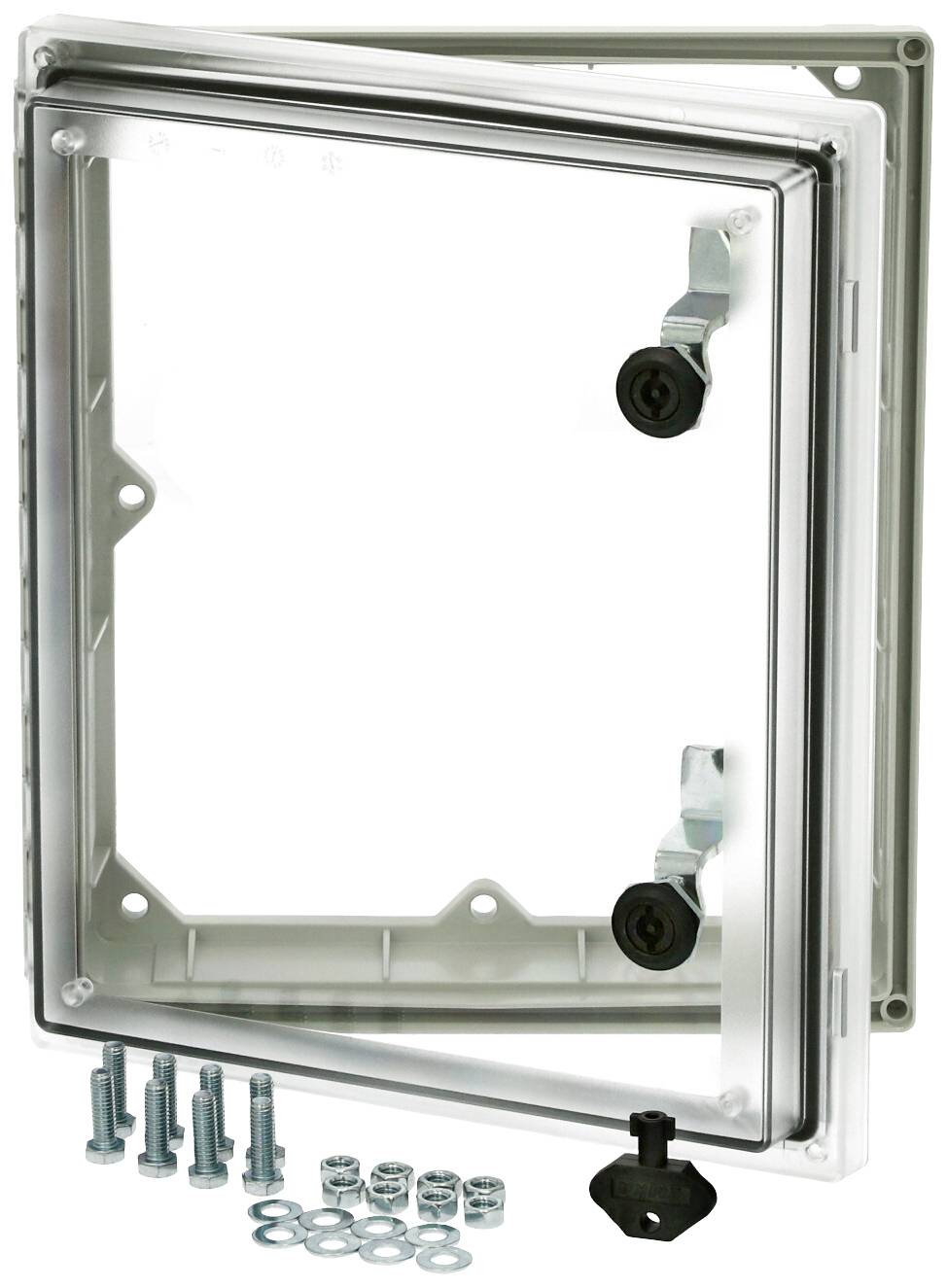 Obdélníkový plastový kryt s průhledným víkem, dvěma zámky a přiloženými šrouby a maticemi. Používá se pro elektrické instalace.