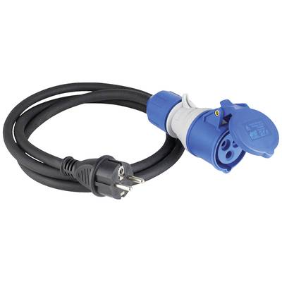 Černý napájecí kabel se Schuko zástrčkou na levé straně a modrou CEE zásuvkou na straně pravé, určený pro průmyslové aplikace.