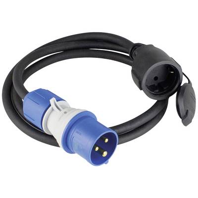 CEE prodlužovací kabel, jeden konec s modrým zástrčkou, druhý konec s černou zásuvkou, určený pro elektrické připojení ve venkovních prostorách.