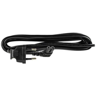 Černý síťový kabel s evropskou zástrčkou, dva kolíky, vedle dvoupólového koncového dílu. Vhodný pro elektronická zařízení v Evropě.