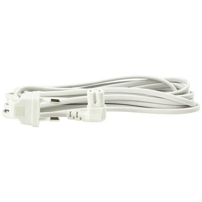 Bílý síťový kabel s eurozástrčkou a plochým, paralelně vedoucím kabelem, zobrazený v namotaném stavu.
