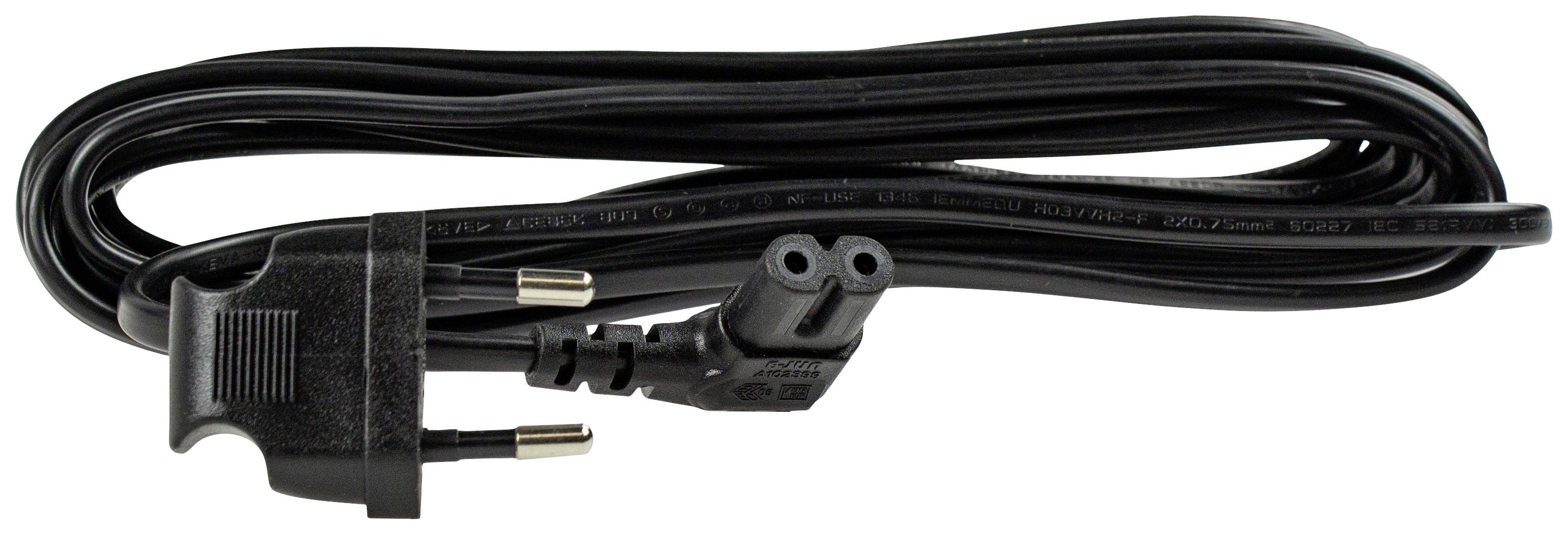 Evropský napájecí kabel se dvěma kulatými kolíky a plochým černým designem, používaný pro připojení elektrických zařízení.
