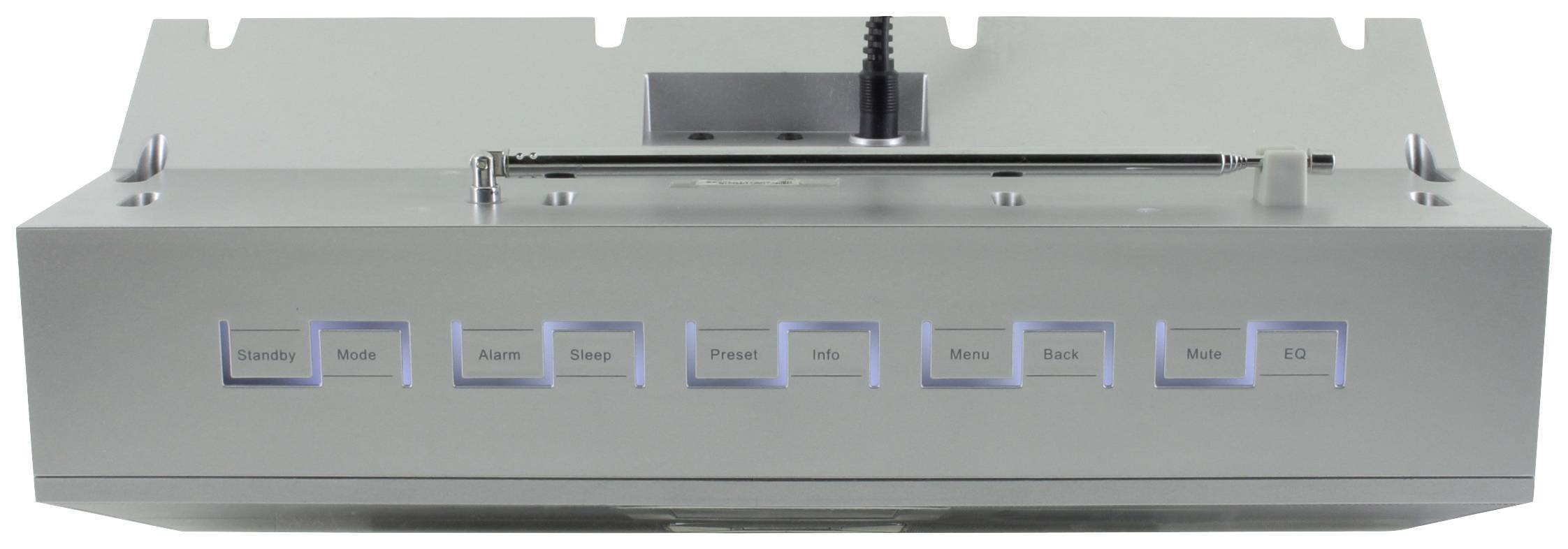 Stříbrná ovládací deska s modře podsvícenými tlačítky pro funkce jako pohotovostní režim, výběr módu, alarm, spánek, předvolby a menu.