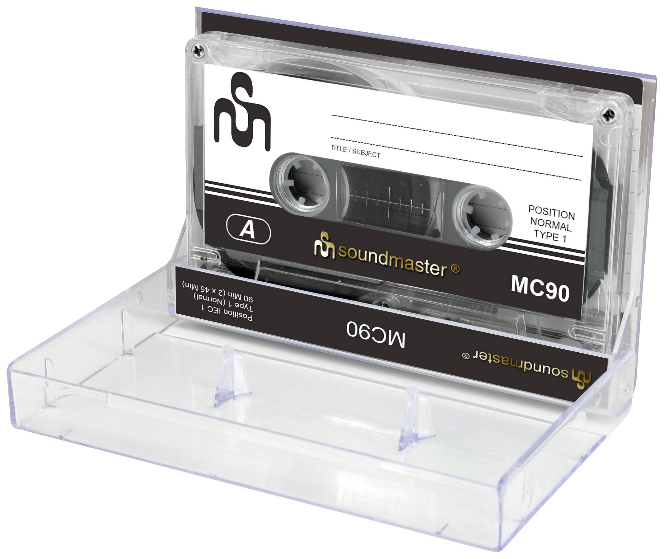 Průhledná audiokazeta s černou páskou a štítky 'soundmaster' a 'MC90'. Má nápis 'Type 1' a je uložena v průhledném obalu.