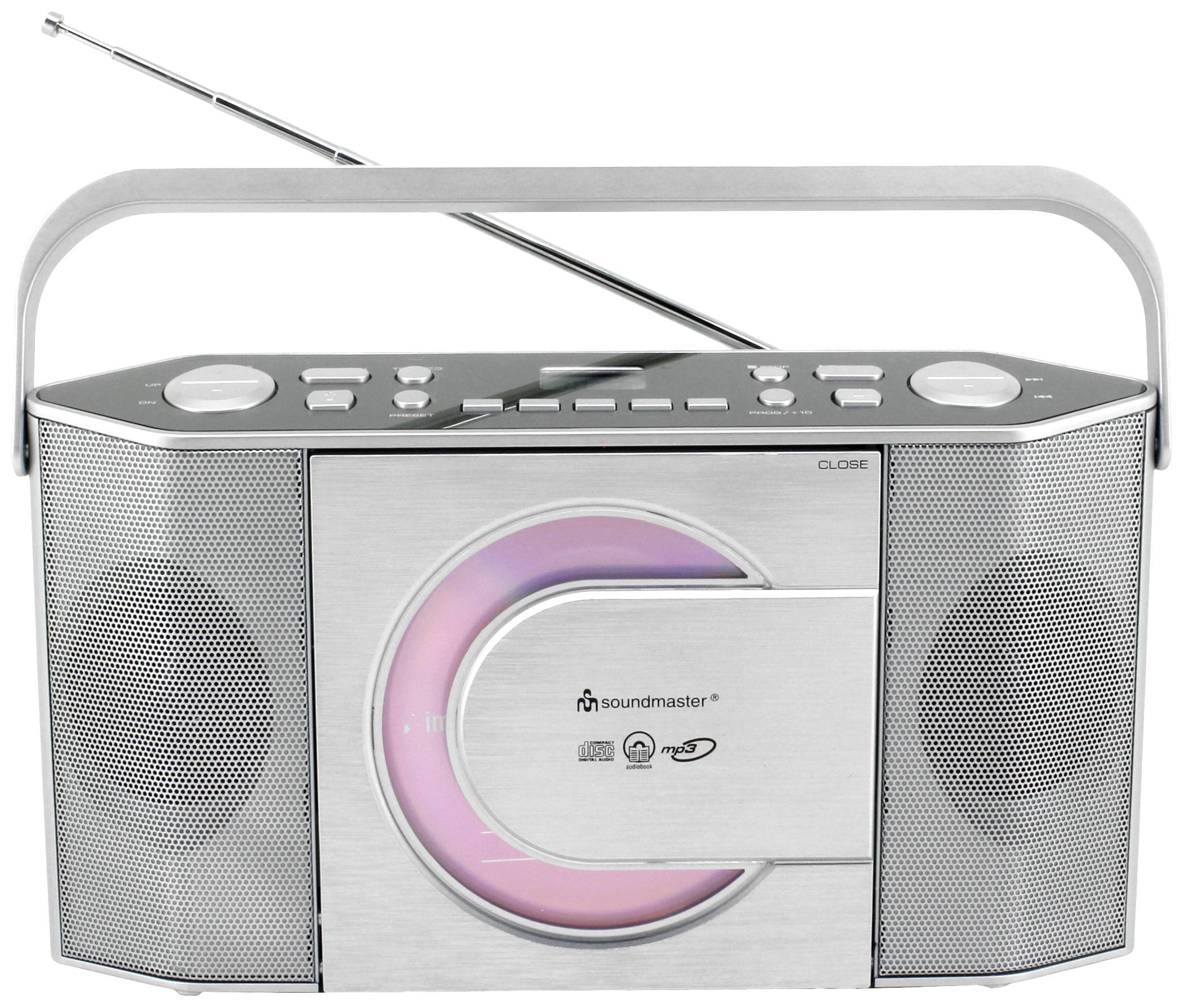 Přenosné rádio s sklopnou anténou a reproduktory na obou stranách. Na horní straně přístroje se nachází ovládací tlačítka.