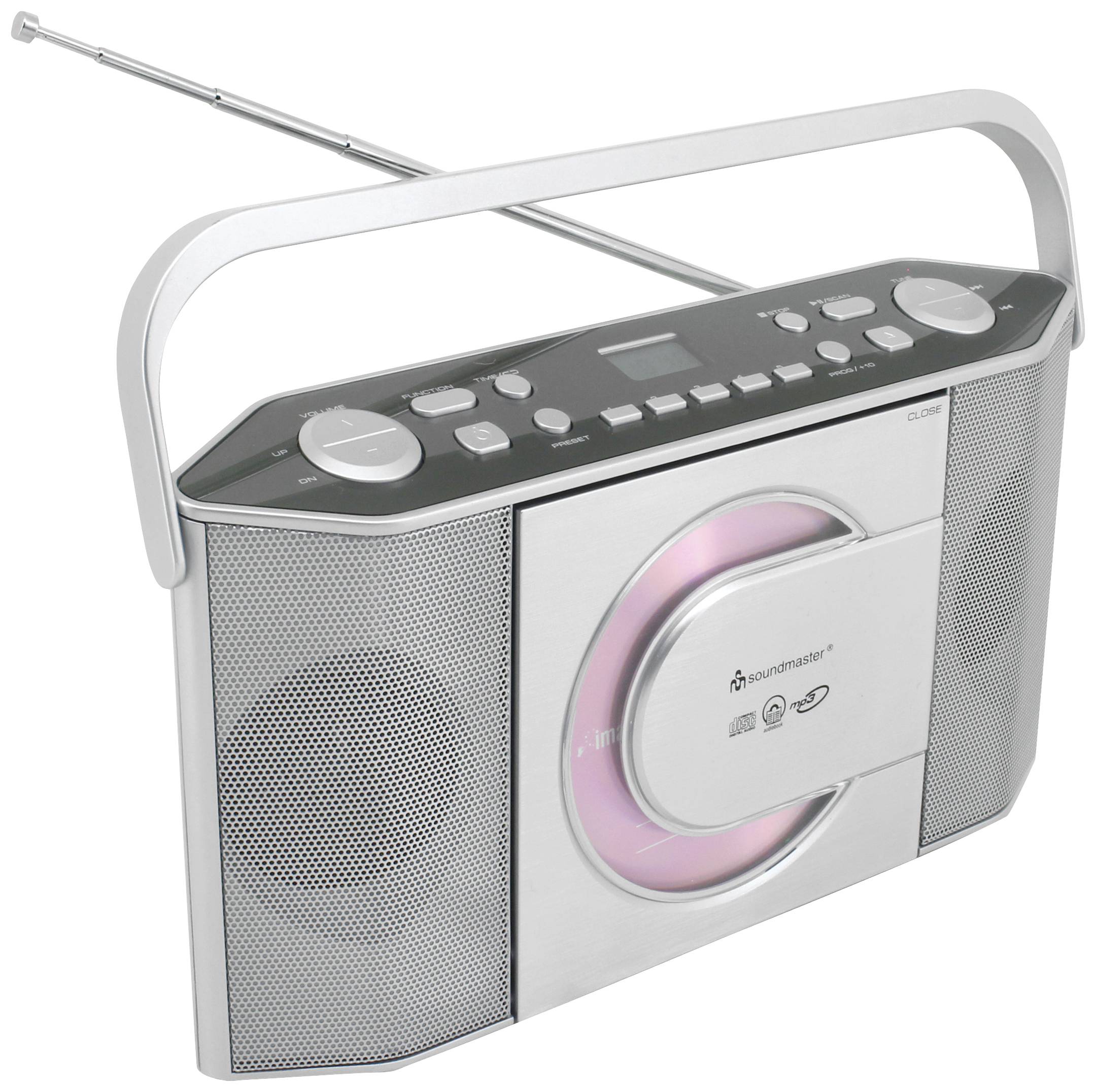Přenosné rádio s anténou a reproduktorem. Nahoře se nacházejí ovládací tlačítka.