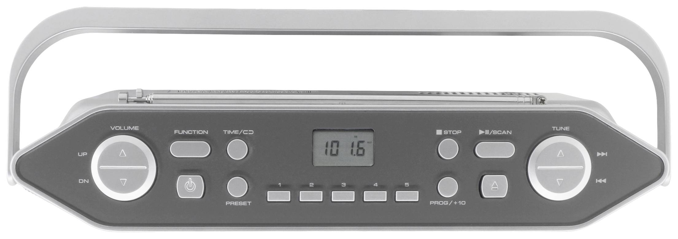 Přenosné rádio s digitálním displejem zobrazujícím čas 10:16. Obsahuje tlačítka pro ovládání hlasitosti, funkcí, ukládání stanic a ladění.