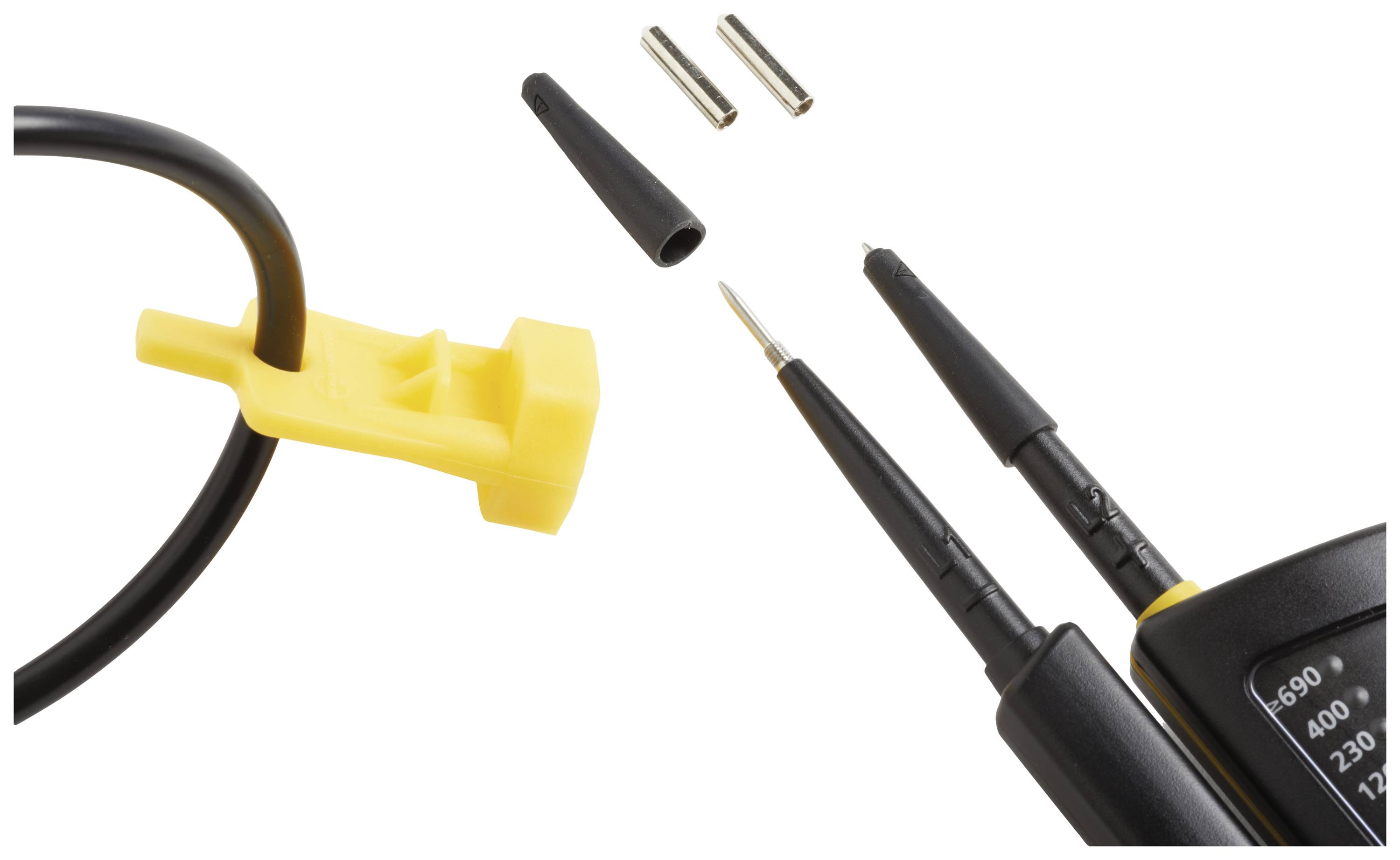 Multimetrický testovací kabel se dvěma měřicími hroty, žlutým adaptérem krokosvorky a dvěma odnímitelnými kryty.