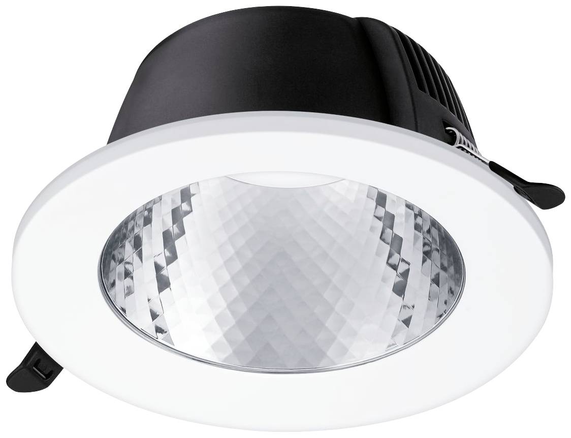 LED downlight se stříbrným reflektorem a bílým okrajovým pouzdrem, vhodný pro montáž na strop, s širokým úhlem vyzařování.