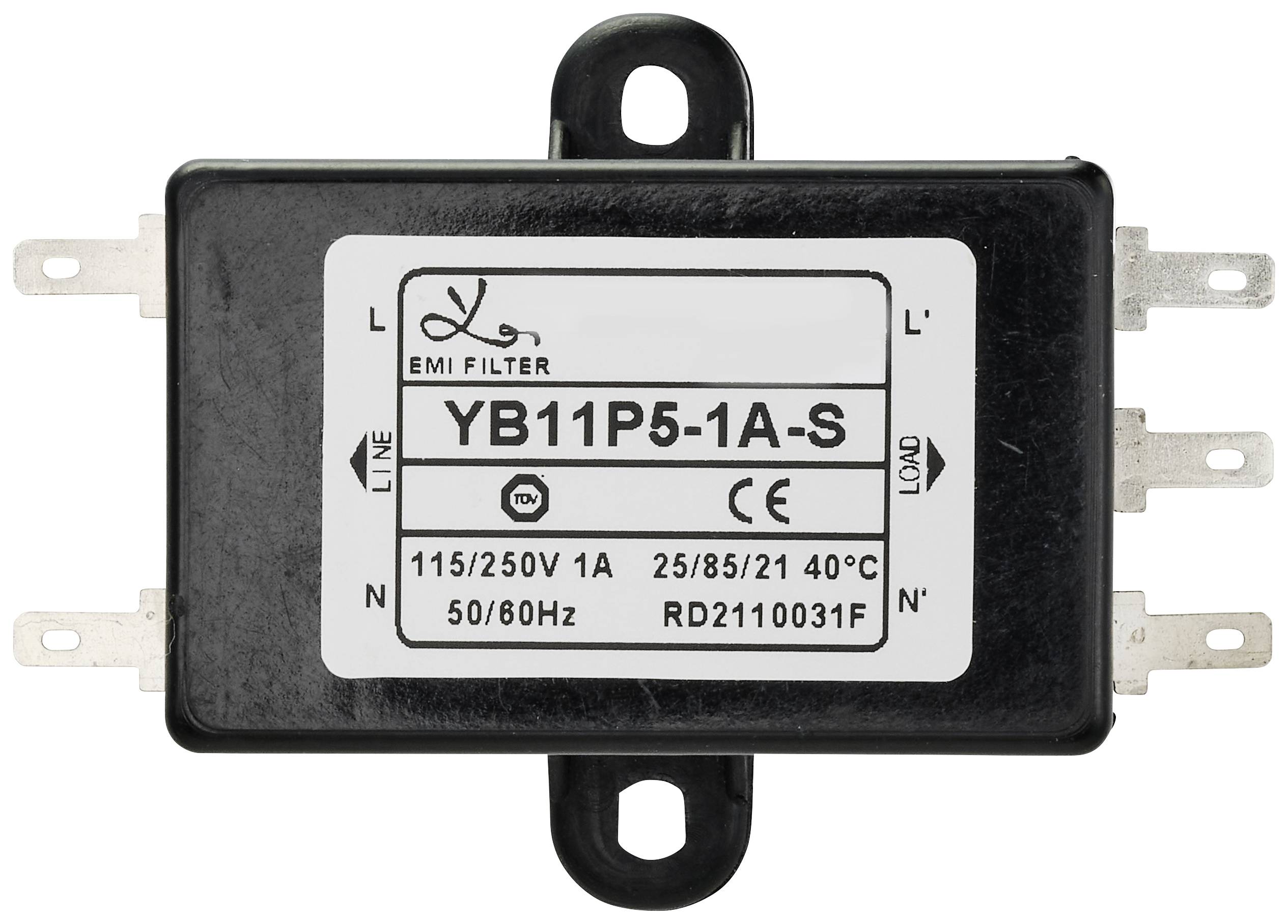 'EMI FILTR' s produktovým číslem 'YB11P5-1A-S'. Technické údaje: 115/250V 1A, 25/85/21 40°C, 50/60Hz. Černé pouzdro se šesti svorkami.