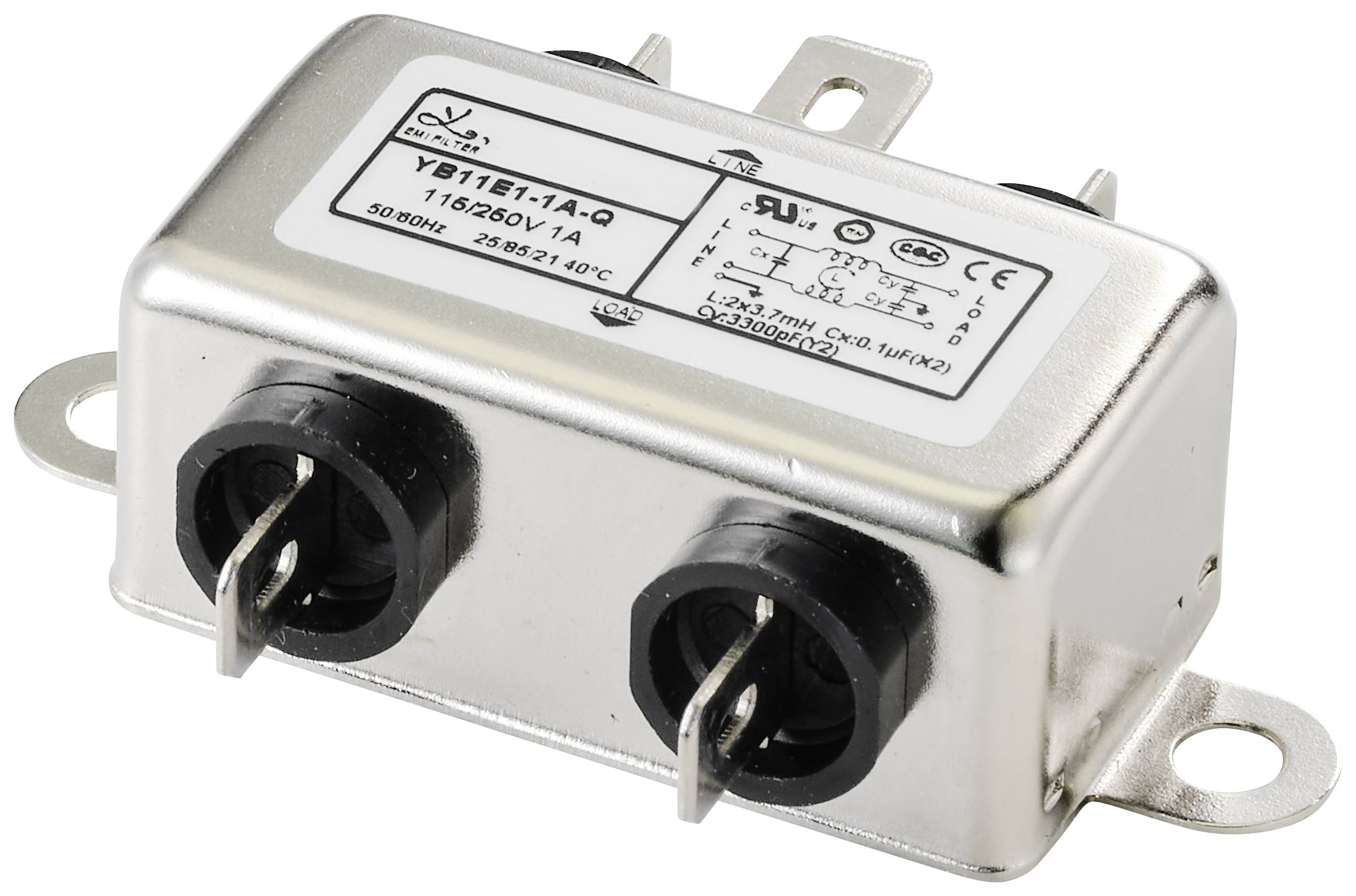 Obdélníková elektronická součástka se dvěma konektorovými vstupy, s výrobním číslem a logem značky na štítku, vhodná pro montáž.