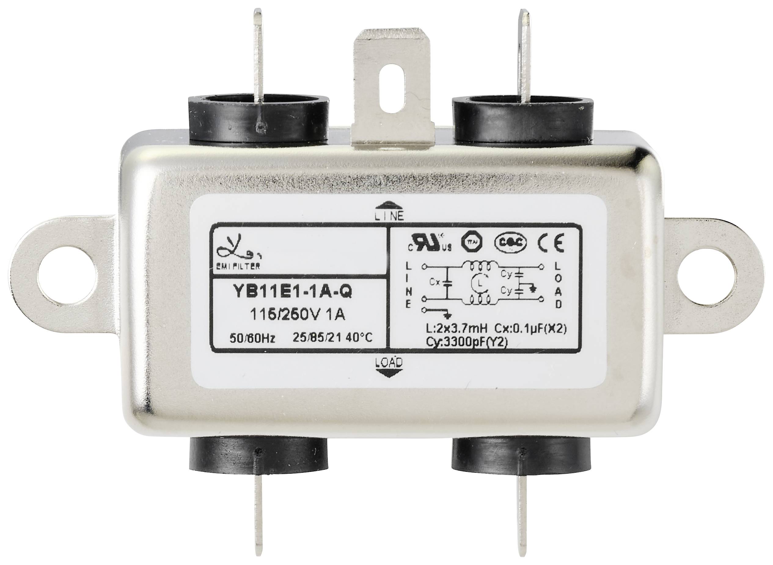 Obdélníkový elektrický odrušovací filtr YB11E1-1A-Q se dvěma horními přípojkami. Štítky zobrazují technické specifikace.