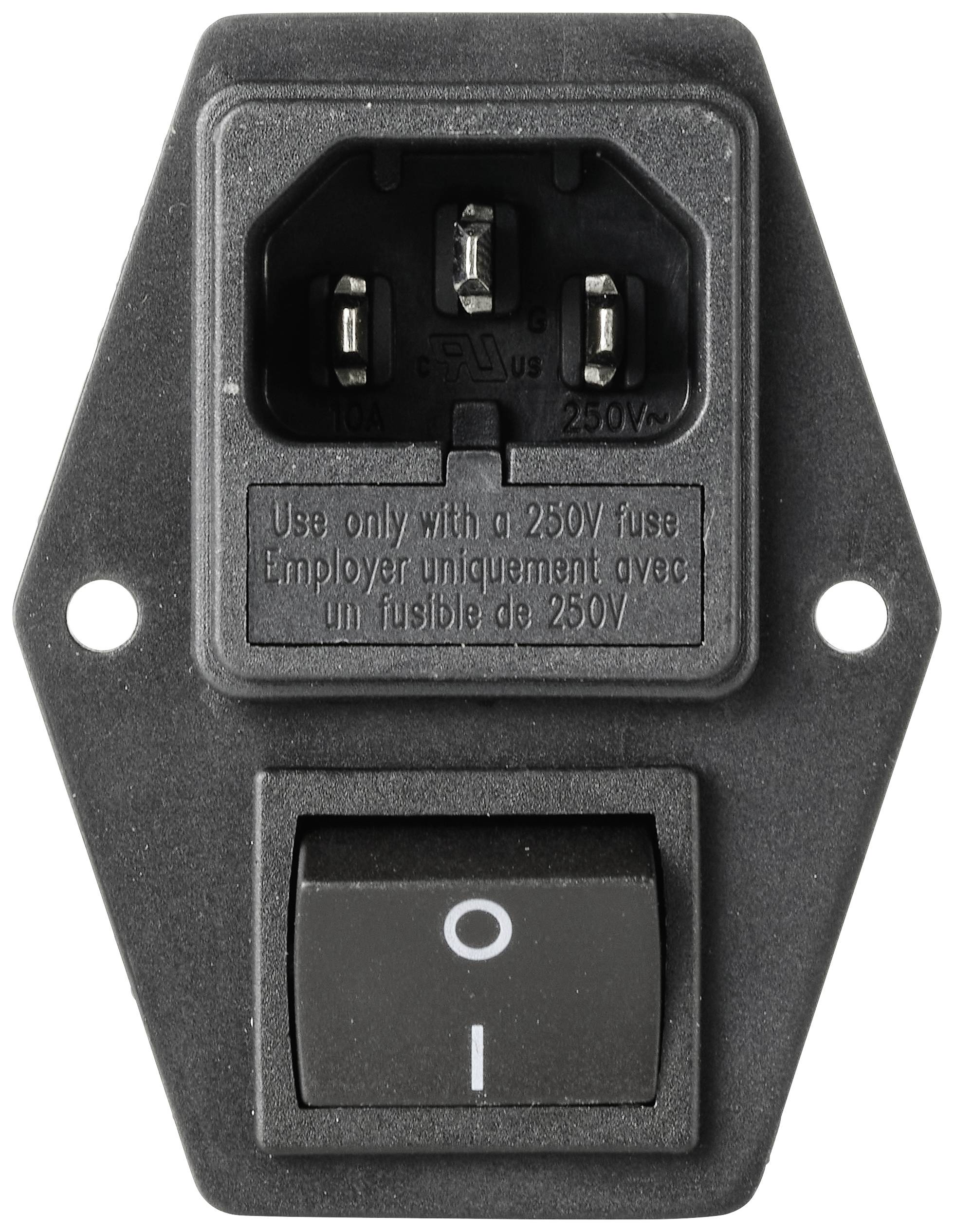 Černá zásuvka pro elektrické zařízení s integrovaným vypínačem. Nad spínačem je napsáno: 'Používejte pouze s pojistkou 250V'.