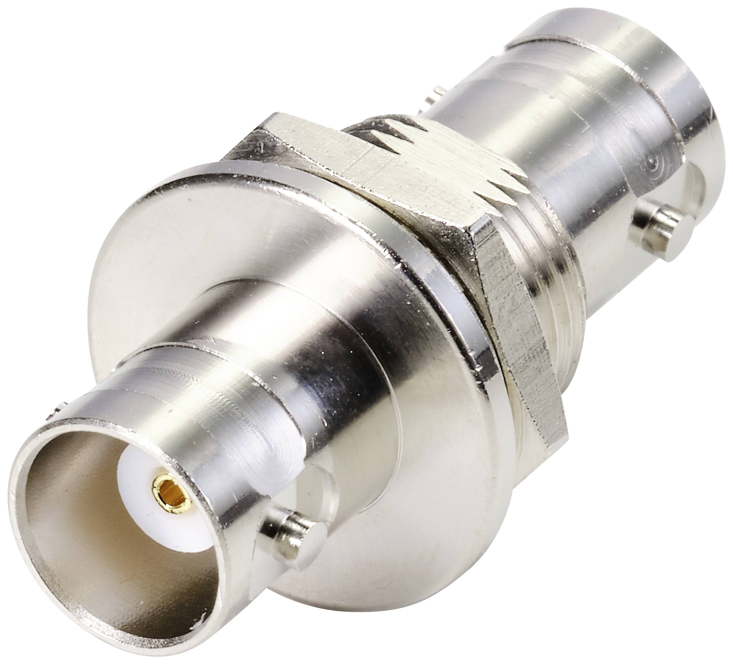 Stříbrný, kovový koaxiální konektor BNC v detailním záběru, který ukazuje jeho vroubkovanou strukturu a připojovací zásuvku.