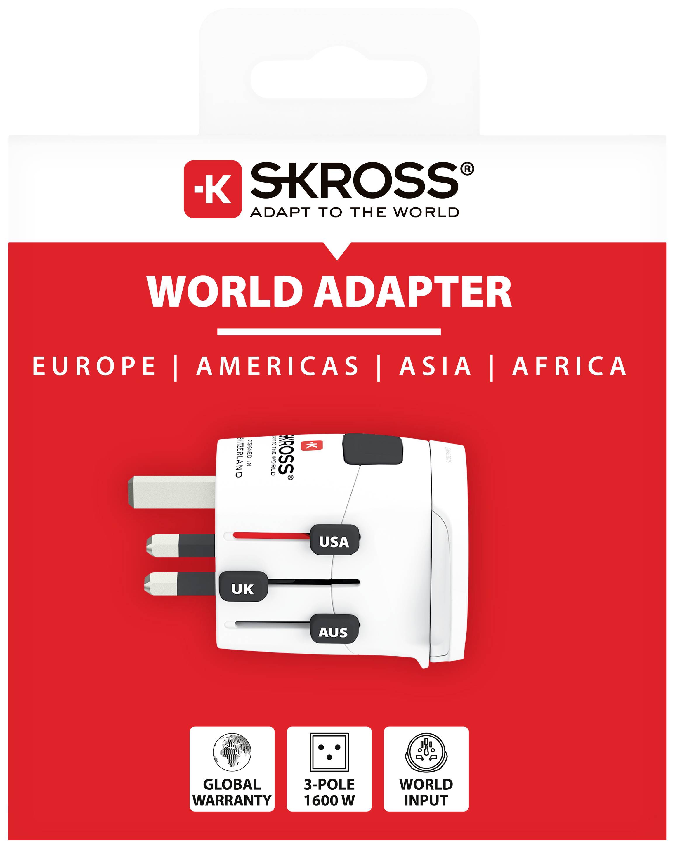 Mezinárodní balení cestovního adaptéru od SKROSS. Adaptér pro Evropu, Ameriku, Asii, Afriku. Výkon: 3-pólový, 1600 W.