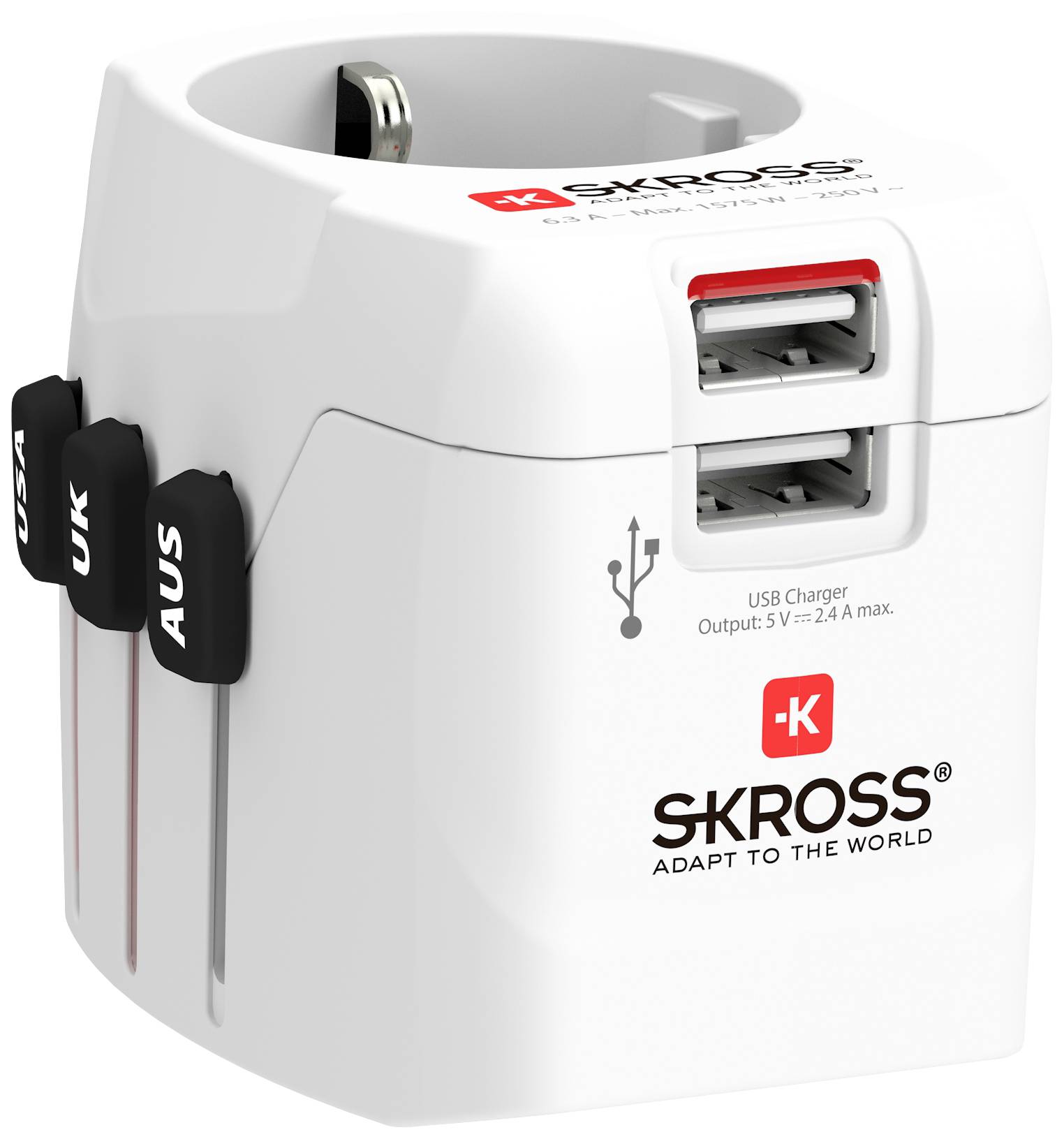 Univerzální cestovní adaptér se vstupy USB a posuvnými přepínači pro UK, AUS a EU. Značka: SKROSS, text: 'Přizpůsob se světu'.