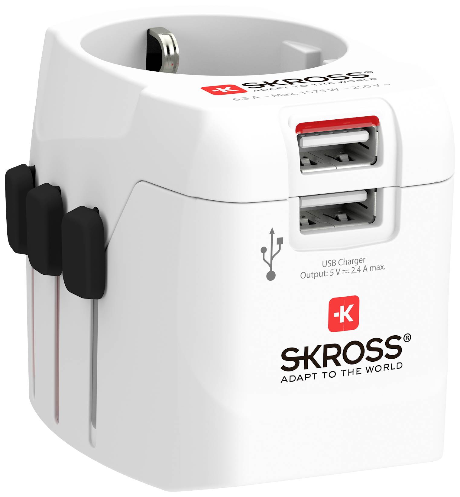 Cestovní adaptér značky Skross se dvěma USB porty s nápisem 'Adapt to the world'. Vhodný pro nabíjení elektronických zařízení.