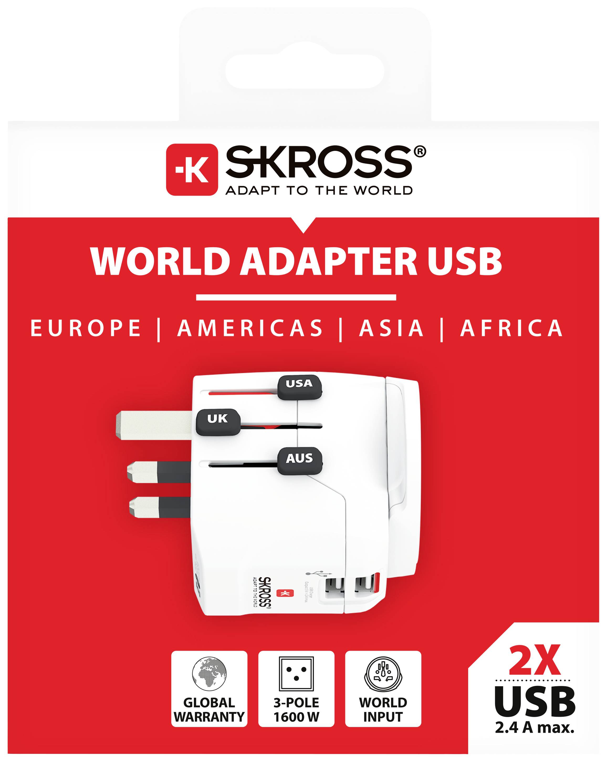 Obal adaptéru 'SKROSS World Adapter USB' zobrazuje mezinárodní cestovní adaptér s USB porty pro Evropu, Ameriku, Asii a Afriku.