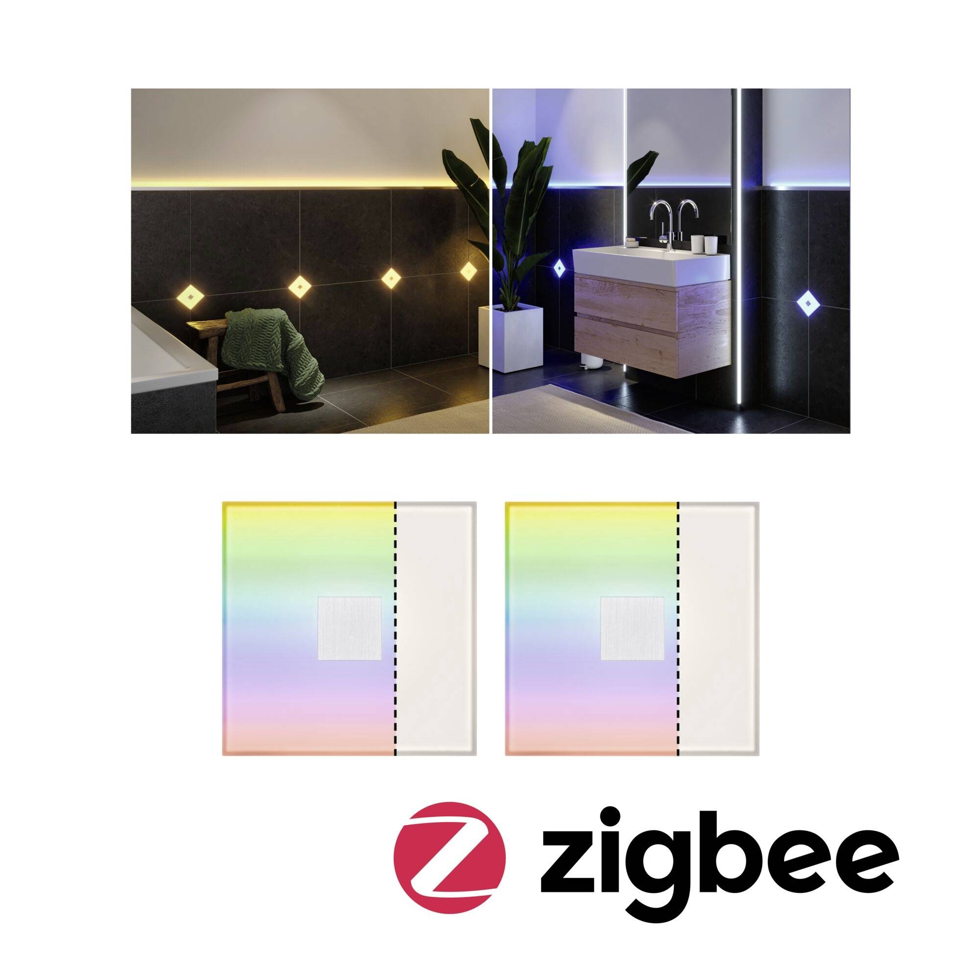Zabudovaný stmívač Zigbee v koupelně ukazuje barevné osvětlení pomocí LED svítidel. Dva obrázky: jeden s teplým světlem, druhý se studeným světlem.